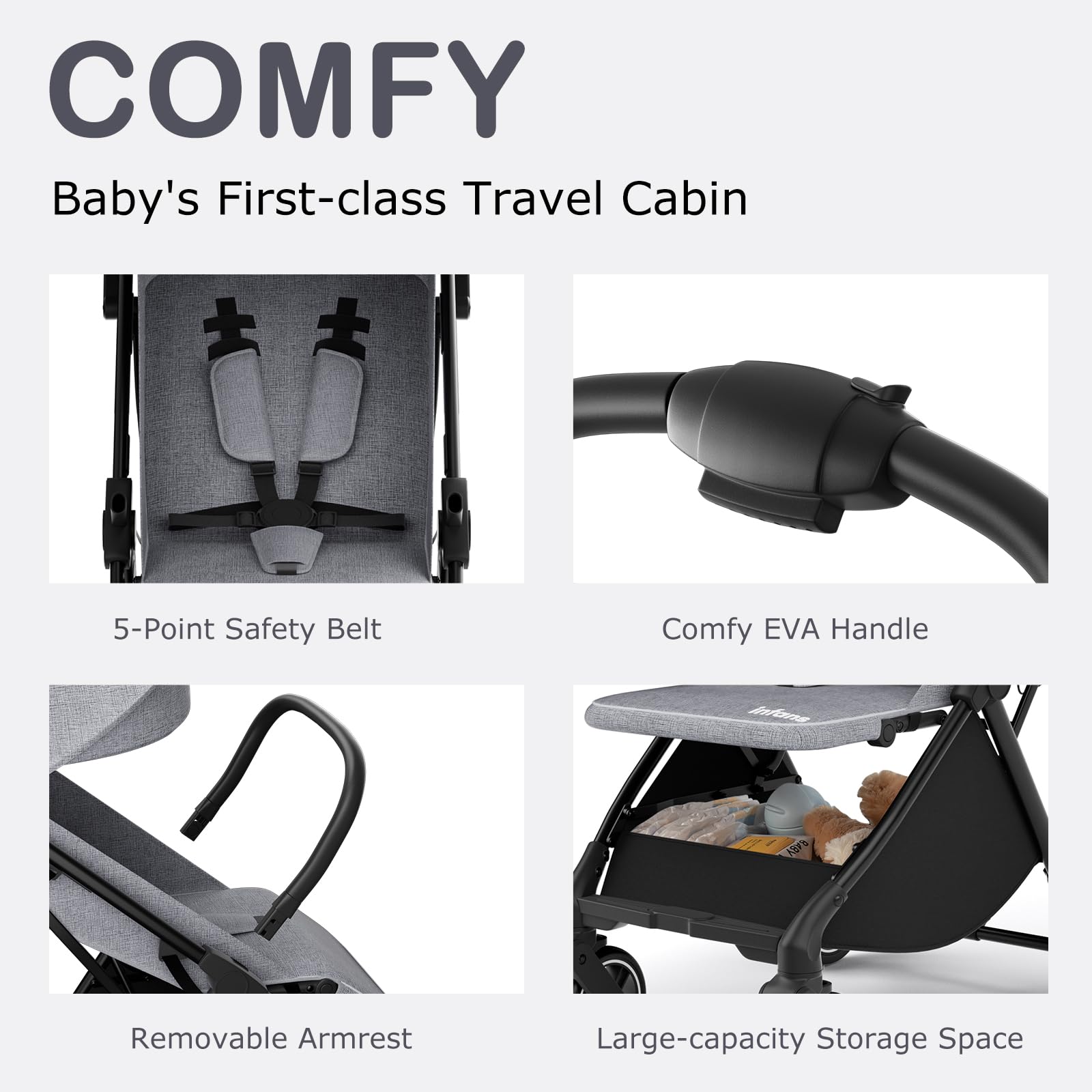 INFANS Lightweight Baby Stroller - Compact Fold Travel Stroller for Airplane, One-Hand Gravity Fold with Near Flat Recline, Foldable Toddler Stroller for Infants 0-36 Months - Perfect for Travel, Shopping & Daily Walks