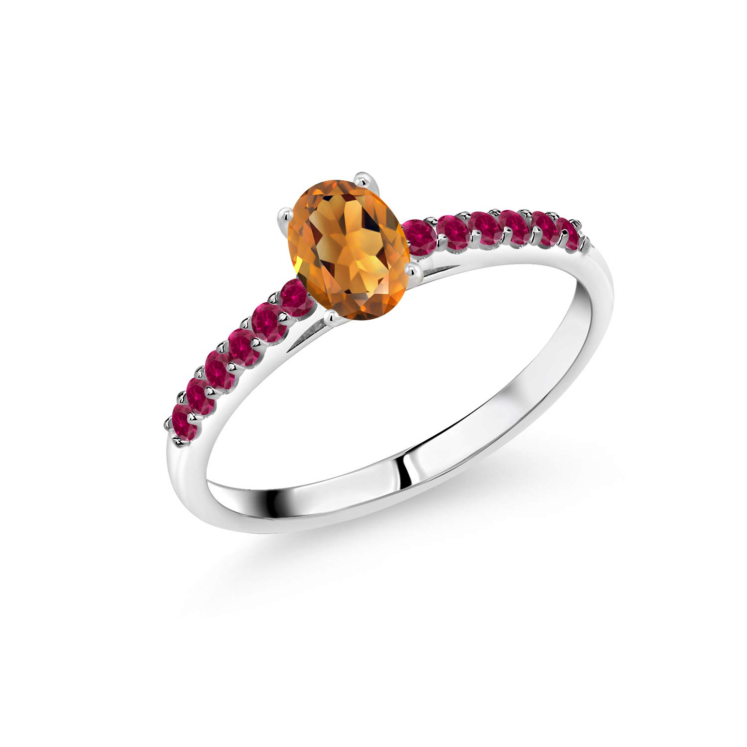 0.58 Ct Oval Orange Red Madeira Citrine & Red Created Ruby 10K White Gold Ring for Women | Elegant Gemstone Jewelry for Engagement, Anniversary & Special Occasions