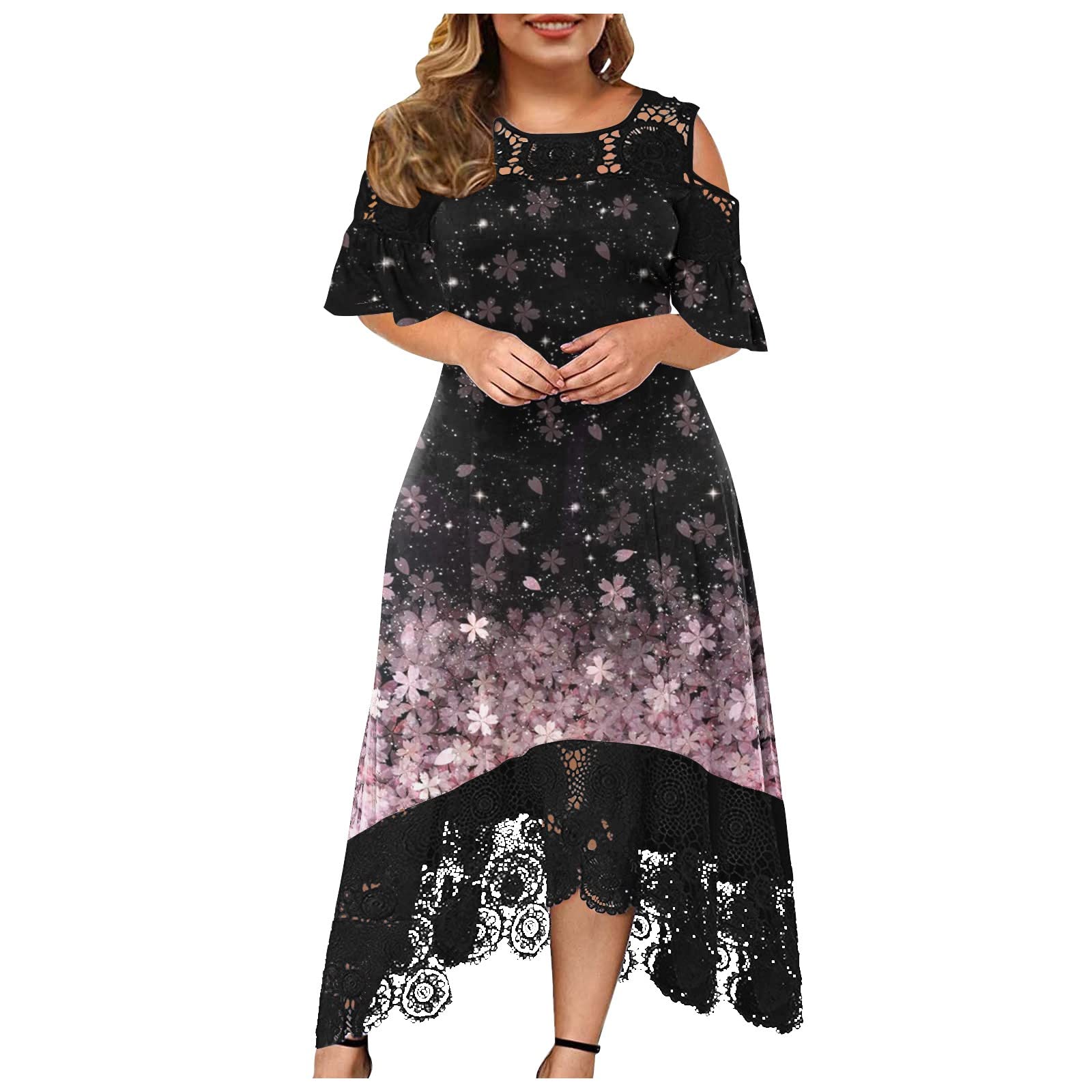 Plus Size Summer Wedding Guest Dress for Women - Casual Floral Print Lace Round Neck Short Sleeve Dress with Unique Hem | Perfect for Garden Parties, Bridal Showers & Formal Occasions