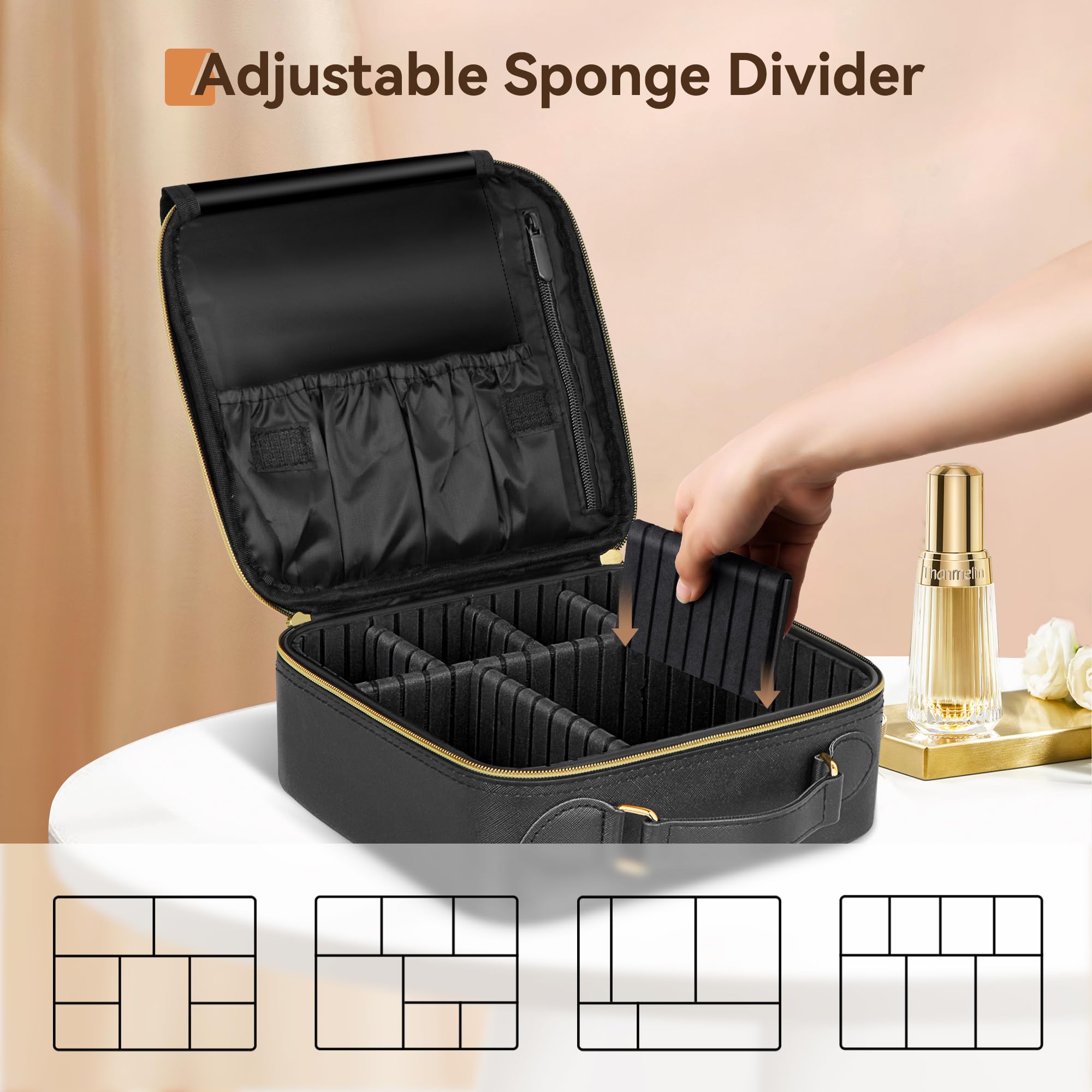 JUSRON Portable Makeup Bag with Adjustable Dividers - Small Cosmetic Organizer for Travel, Makeup Brush Holder Storage Case (Black) - Perfect for On-the-Go Touch Ups, Gym Essentials & Daily Beauty Routine