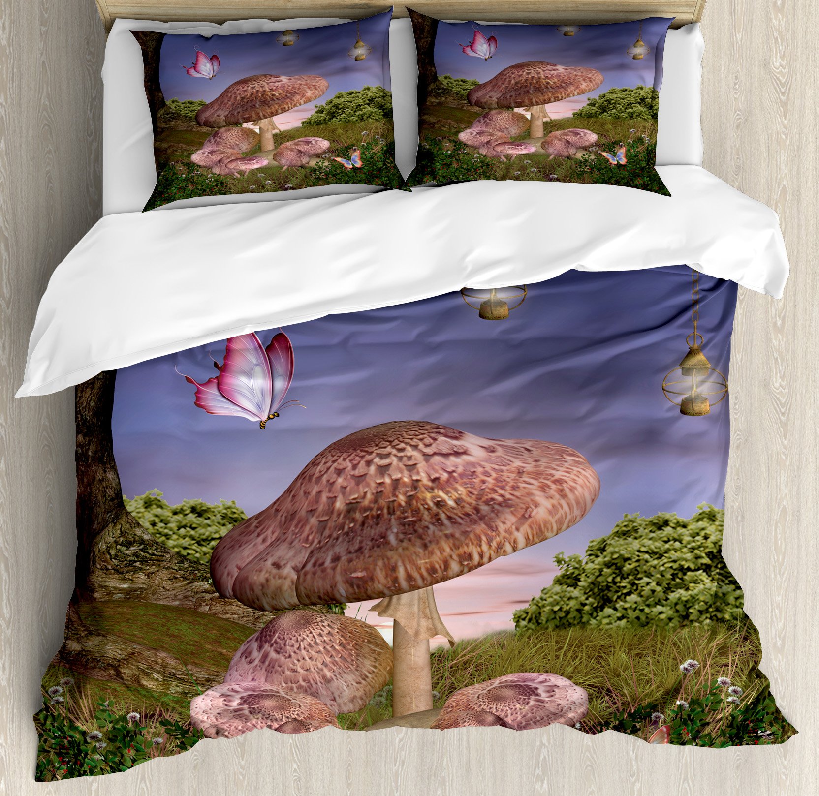 Ambesonne Fantasy Duvet Cover Set - Enchanted Forest with Butterflies & Mushrooms, 3-Piece Queen Size Bedding Set with 2 Pillow Shams, Vibrant Multicolor Design for Kids Room, Guest Bedroom or Fantasy Themed Decor