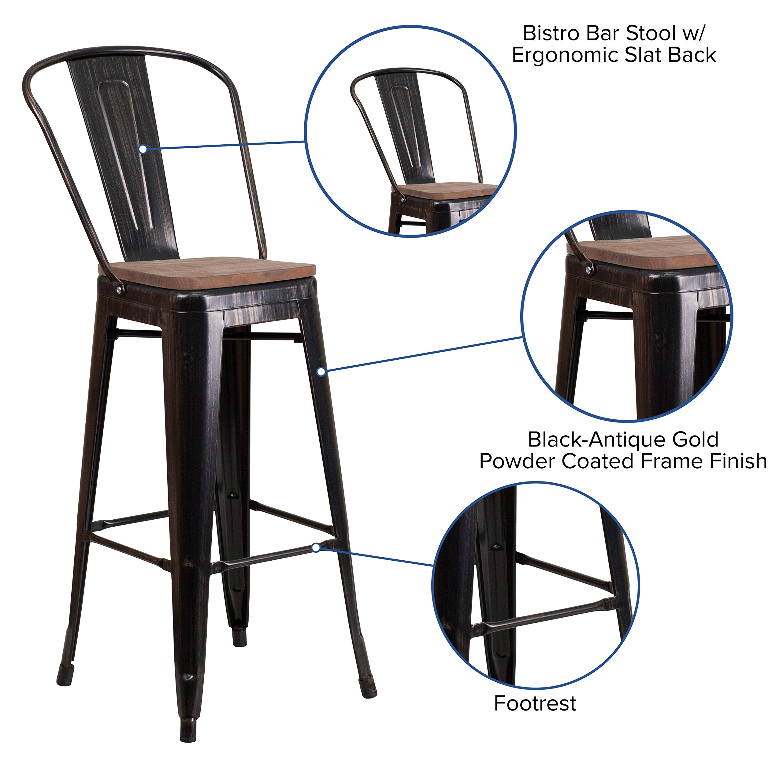 EMMA + OLIVER 30 Inch Black and Antique Gold Metal Bar Stool with Backrest and Wooden Seat - Perfect for Kitchen Islands, Home Bars, and Dining Counter Height Tables