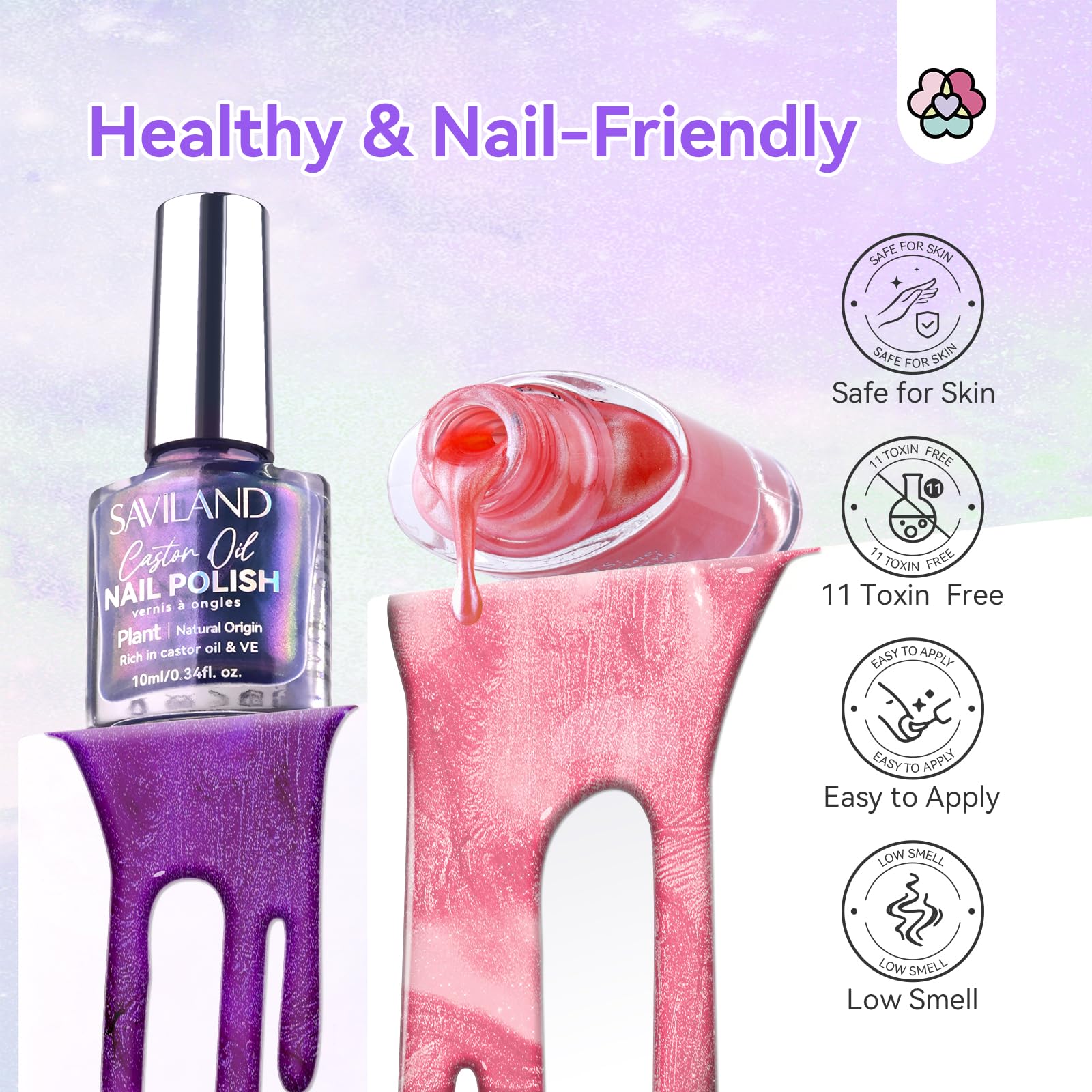 SAVILAND Aurora Nail Polish Set - 12 Colors Shimmer & Holographic Nail Polish (Glossy, Pearl, Duochrome), Quick-Dry Non-Gel Polish with Base & Top Coat, Salon & DIY Manicure Kit for Nail Art, Pedicures, Home & Professional Use