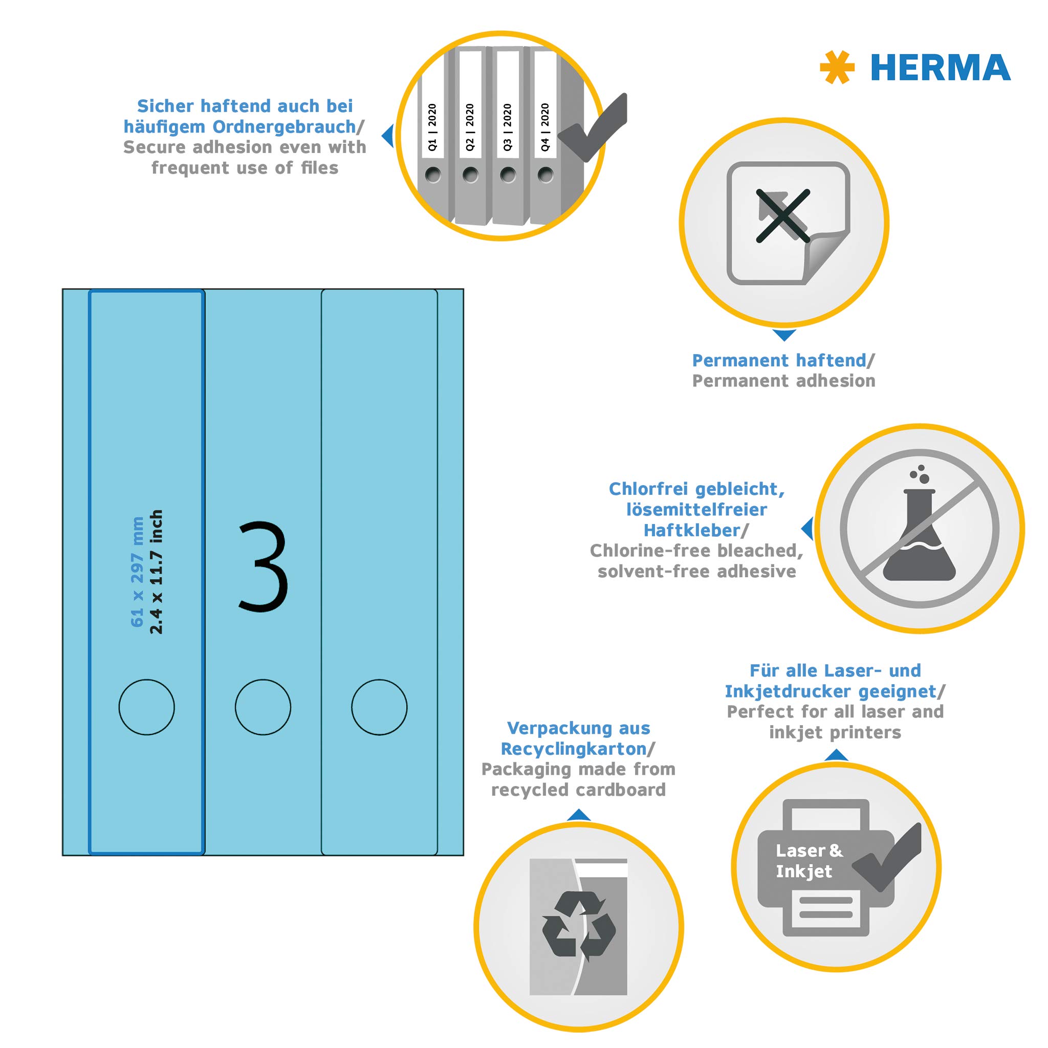 HERMA 5138 Self Adhesive Spine Labels - 60 Blank Lever Arch File Stickers (3 Labels per A4 Sheet, 20 Sheets, 61x297mm) - Compatible with Laser & Inkjet Printers - Perfect for Office Filing, Document Organization & School Projects - Blue
