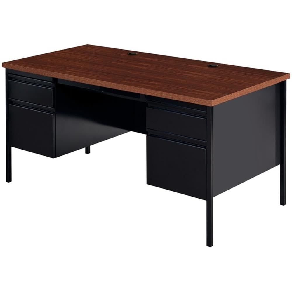 Pemberly Row Double Pedestal Metal Office Desk with Center Drawer - Black/Walnut Finish - Modern Home Office & Workspace Desk for Professionals & Students