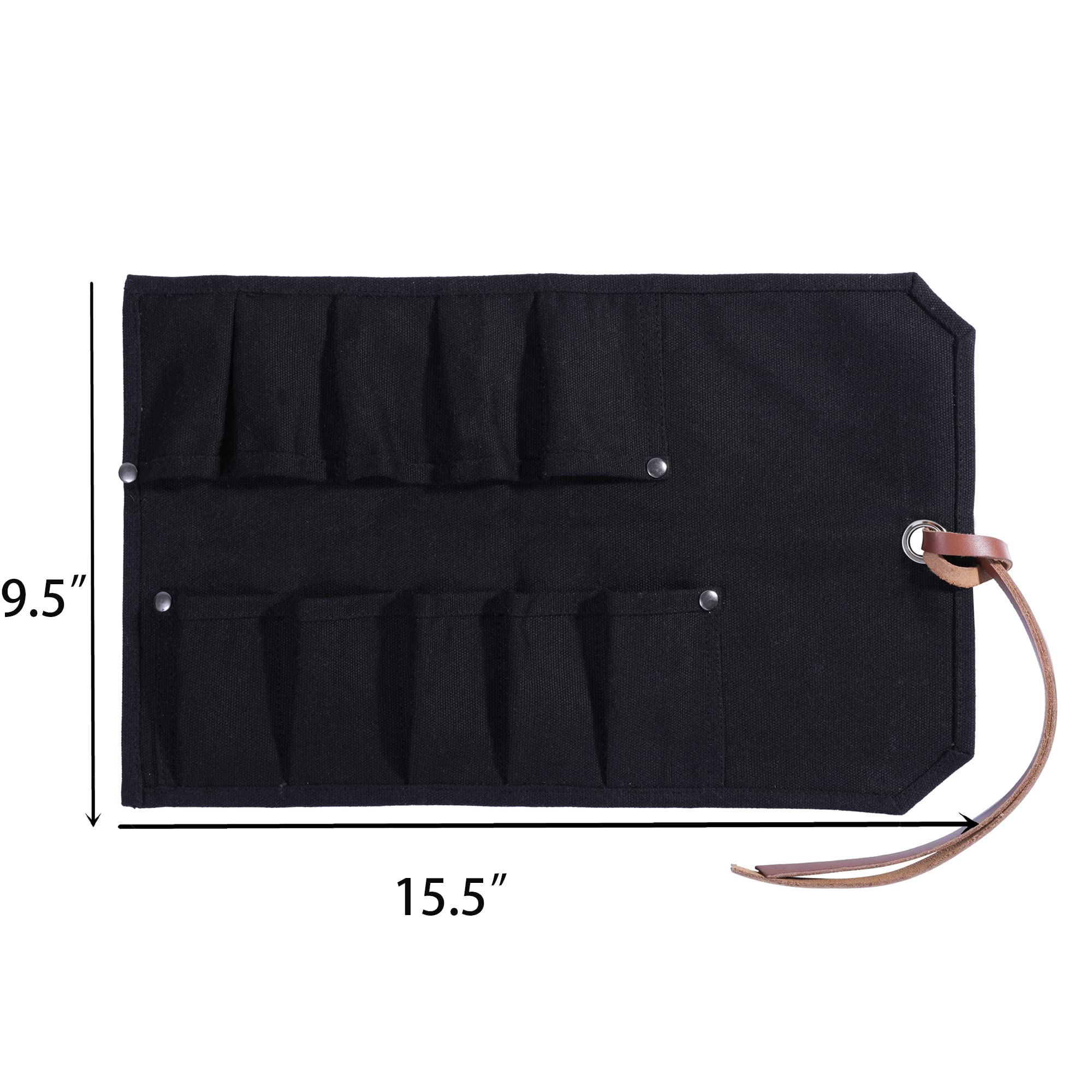 Heavy Duty 16oz Waxed Canvas Chisel Roll with 10 Staggered Pockets - Durable Tool Organizer Pouch for Woodworking & DIY Projects (Black)