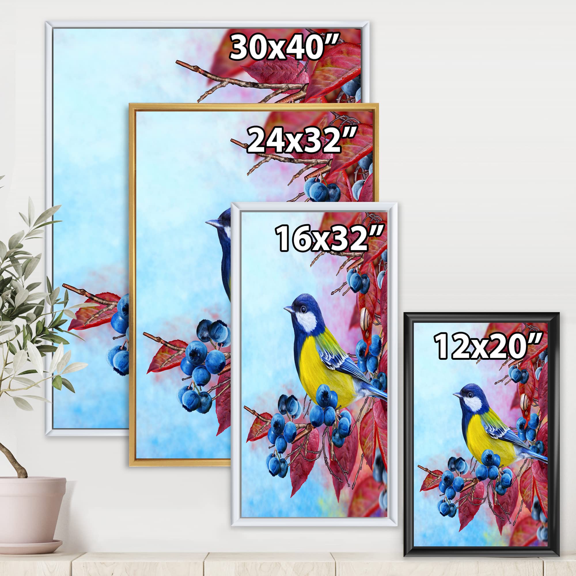 DesignQ Bright Bird Bullfinch Sitting on A Branch II - Traditional Framed Canvas Wall Art Print - Perfect for Living Room, Bedroom & Office Decor