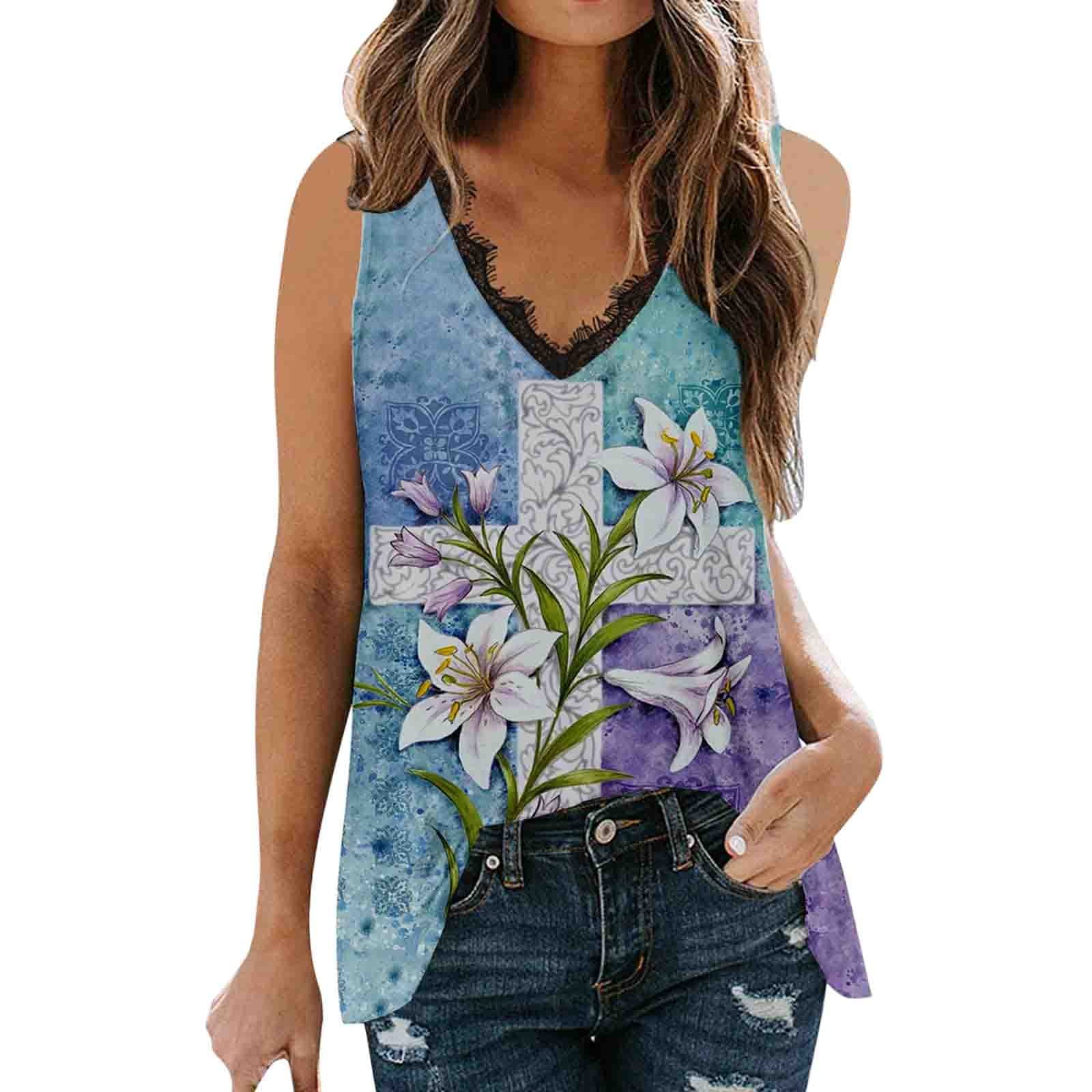 Women's Floral Print V-Neck Lace Crop Tank Top Set - Sleeveless Summer Athletic Tops for Casual Wear, Workout & Beach Outfits
