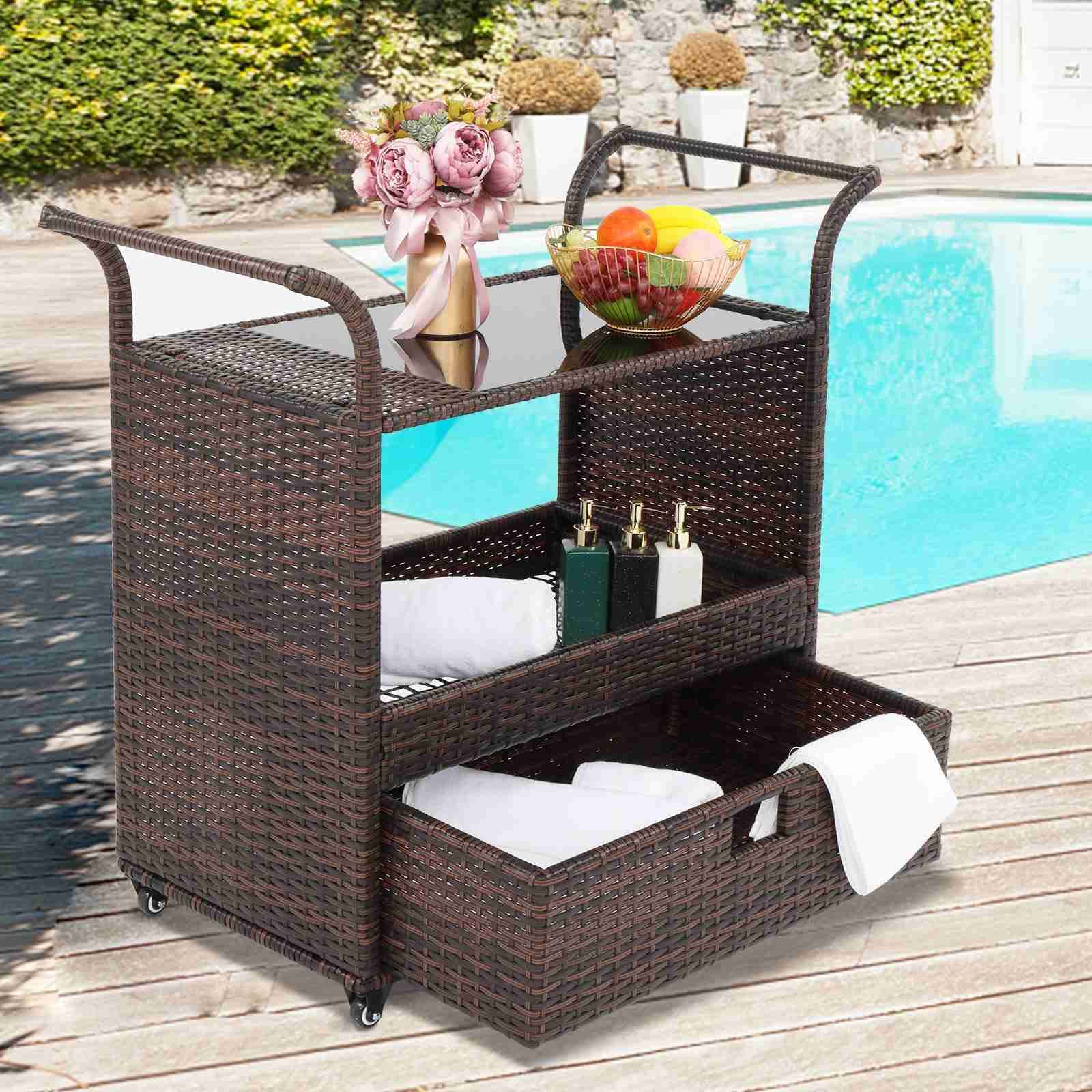 Premium Outdoor Rolling Wicker Bar Cart with Glass Top & Wheels - Patio Serving Counter Table with Storage Drawer - Perfect for Backyard BBQs, Poolside Drinks & Garden Parties