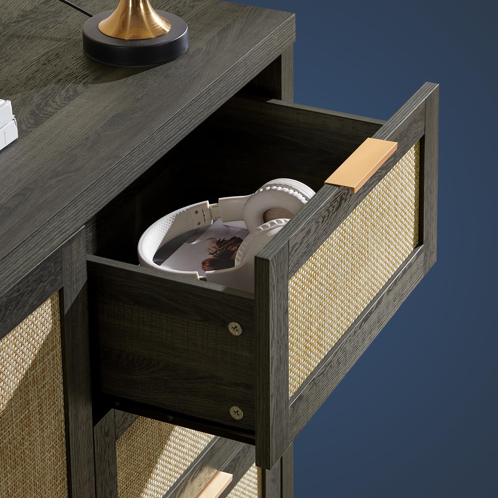 Hampstead 3-Drawer Rattan Storage Cabinet - Adjustable Shelves Kitchen Buffet Sideboard for Living Room, Hallway & Dining Room - Midnight Oak Finish | Perfect for Home Organization & Entertaining