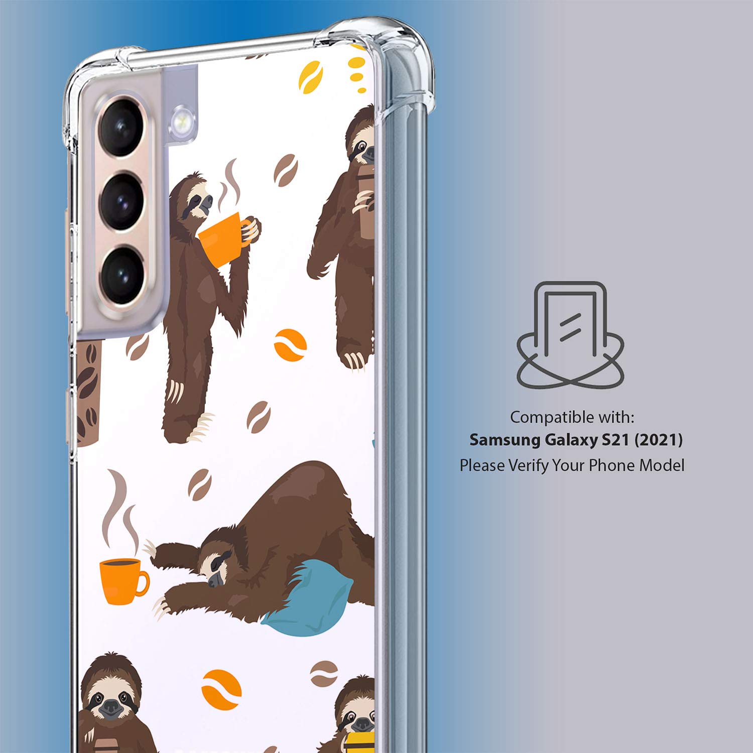 Clear Transparent Bumper Phone Case Compatible with Samsung Galaxy S21/S21 5G (2021) - Premium Protective Cover with Coffee Sloth Design | Perfect for Everyday Use, Work, and Travel
