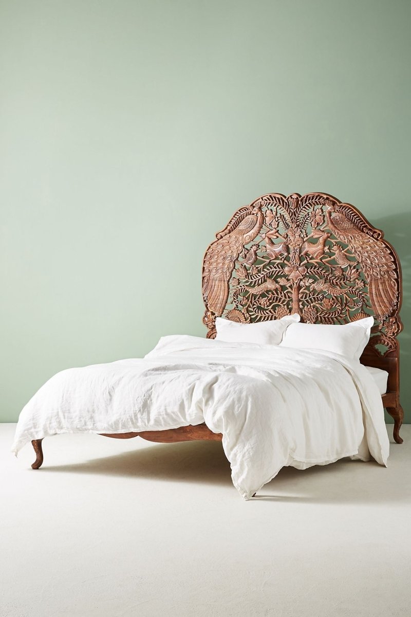 Hand Carved Peacock Woodland Bed - Custom Design Wooden King/Queen Size Bed with Intricate Carvings | Perfect for Master Bedroom, Guest Room or Luxury Hotel Decor