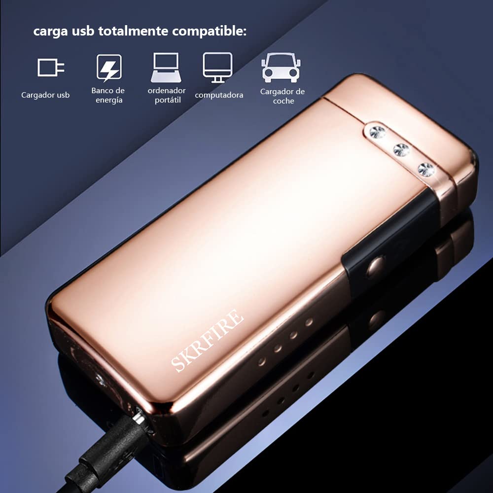 Rechargeable USB Plasma Lighter - Windproof Electric Arc Lighter with 3 Rhinestones, PVD Coating & LED Battery Indicator - Perfect for Smoking, Camping, BBQ & Outdoor Activities (ICY Gold)