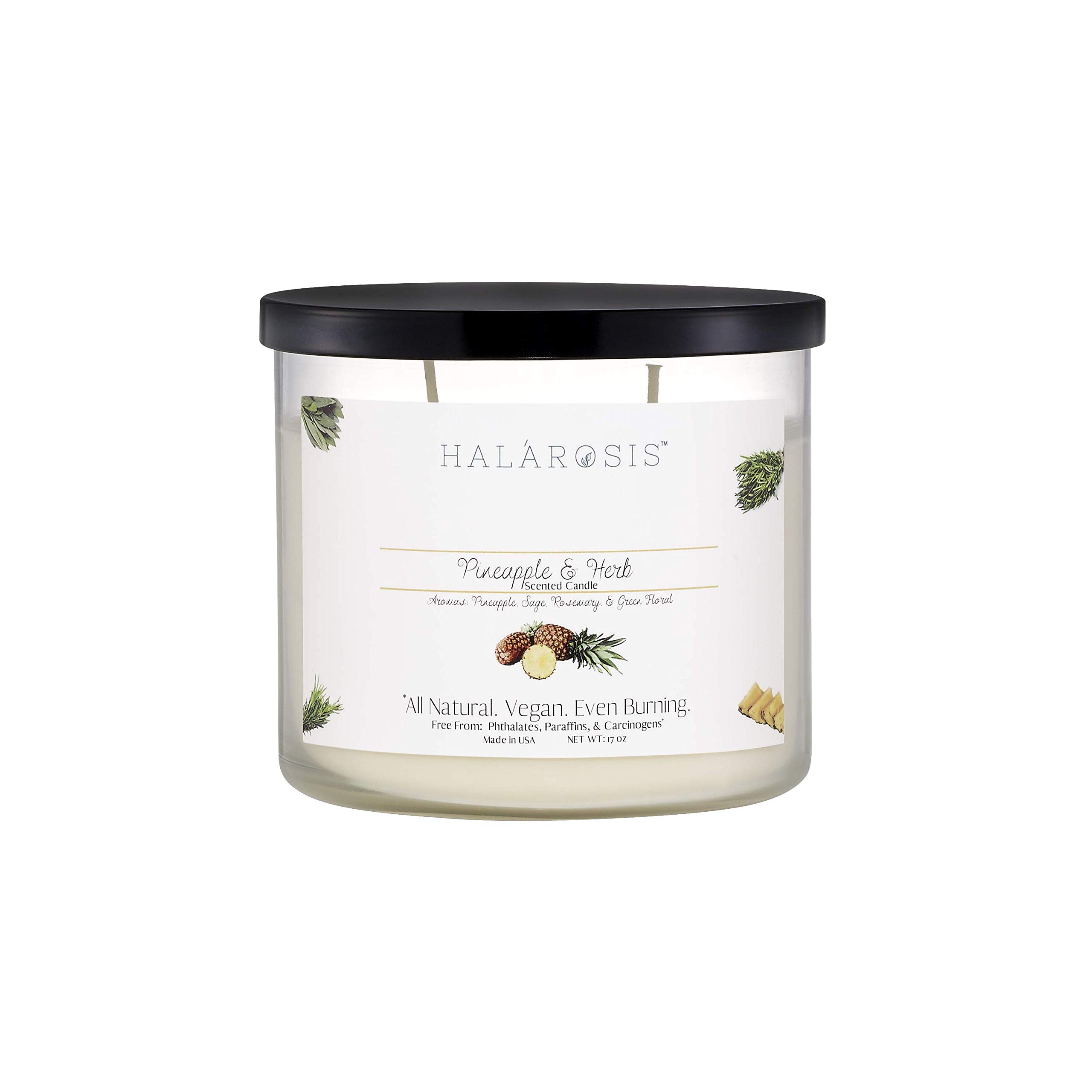 Halarosis Premium Soy Candles - 60-Hour Long Burning Pineapple & Herb Scented Candle (17 oz) with Cotton Wick - Perfect for Home Fragrance, Birthday Gifts, Housewarming & Special Occasions - Ideal for Living Room, Bedroom, Spa Relaxation & Romantic Dinners