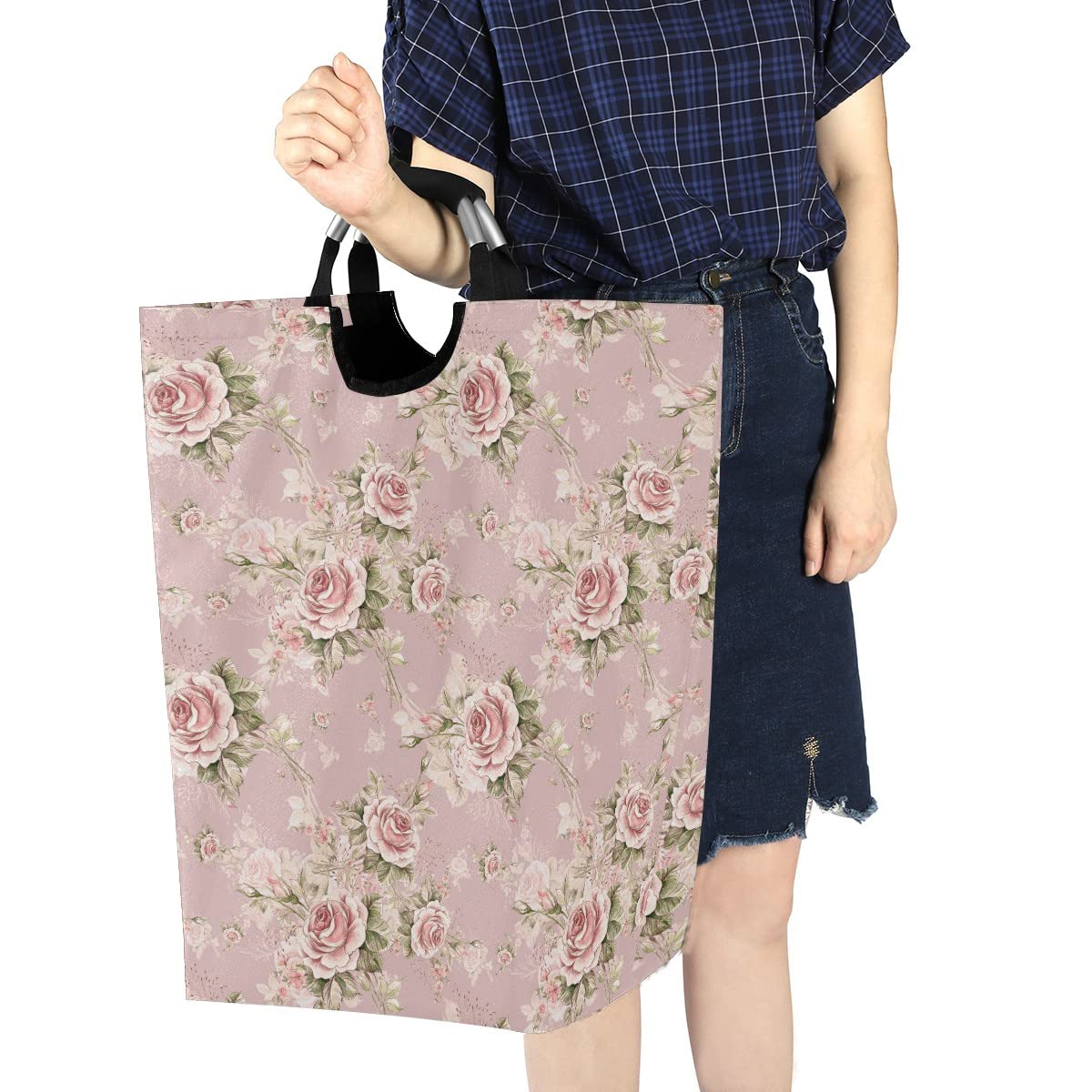 MNSRUU Foldable Laundry Bag with Handles - Pink Rose Flower Collapsible Laundry Basket Hamper for Home, Dorm & Travel - Perfect for Laundry Room Decor, Bathroom Organization & Storage