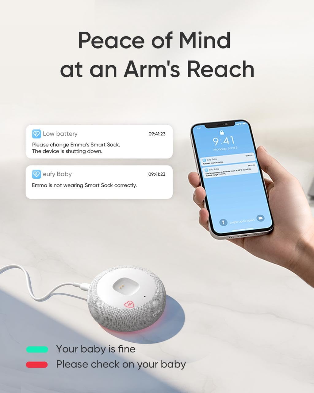 eufy Baby Smart Sock & 2K Camera Monitor with 2.4GHz Wi-Fi - Track Infant Sleep Patterns, Heart Rate, Naps | AI Cry Detection, Pan-Tilt Function | No Monthly Fees | Perfect for Nursery, Daycare & Travel