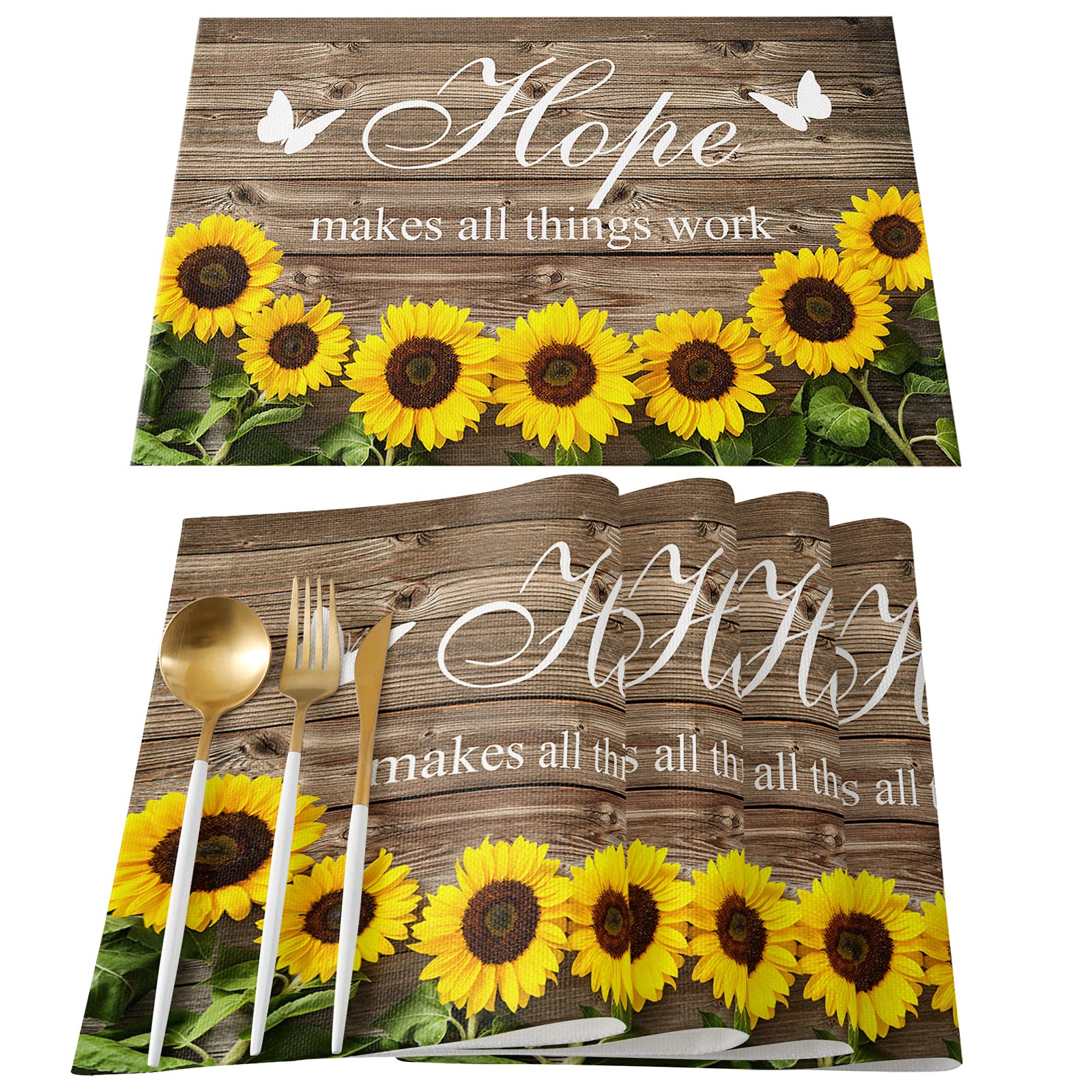 LaBLUUX 4-Pack Farmhouse Sunflower Placemats - Heat & Stain Resistant, Non-Slip Kitchen Table Mats - Washable Polyester Dining Table Decor for Home, Restaurant & Outdoor Picnics