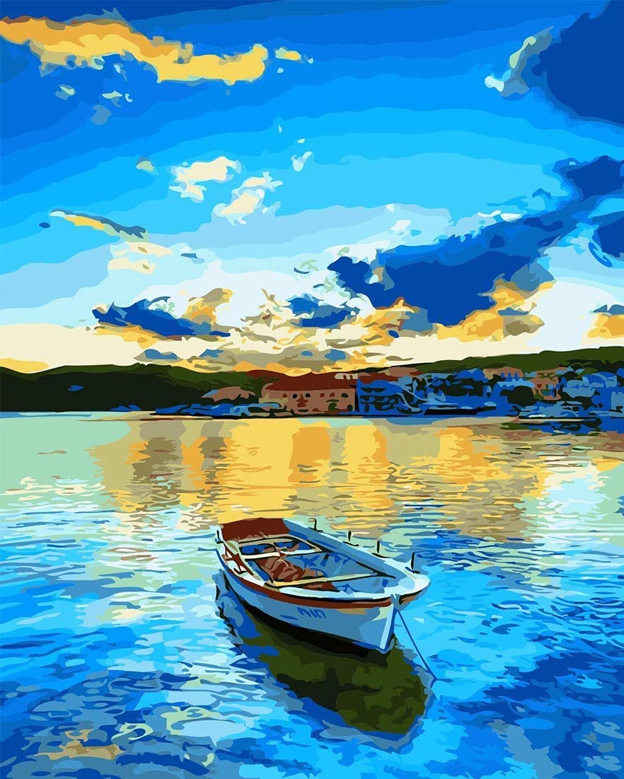 SHUAXIN DIY Paint by Numbers Kit for Adults & Kids - 16x20 Inch Blue Lake Boat Acrylic Painting with 3 Brushes & Vibrant Colors | Perfect for Home Decor, Gift Giving & Relaxation