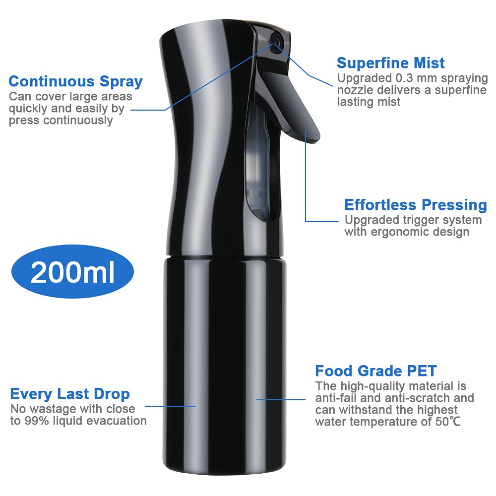 URAQT Continuous Fine Mist Spray Bottle - 200ML Empty Water Mister for Hair Styling, Salon Use, Plants, Pets & Home Cleaning | Perfect for Hairdressing, Gardening, Pet Grooming & Household Cleaning