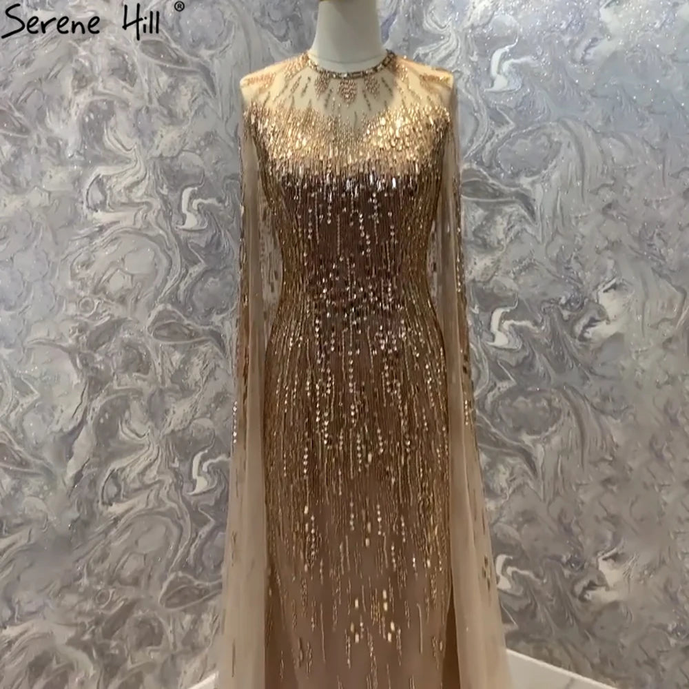 Serene Hill Luxury Gold Cape Sleeves Evening Gown - 2025 A-Line Beaded Wedding Dress for Women | Perfect for Formal Events, Red Carpet Parties & Bridal Occasions