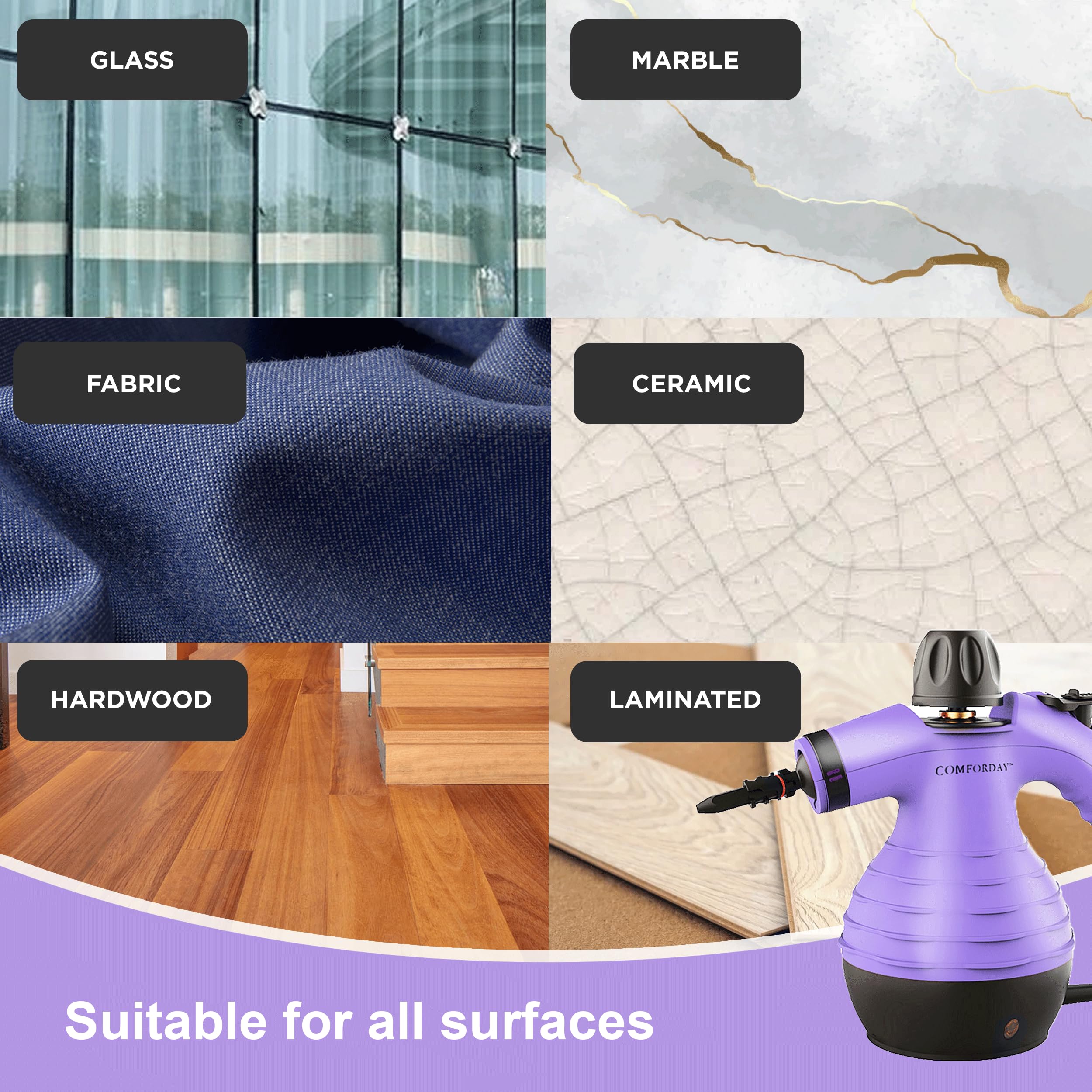 Comforday Multi-Purpose Handheld Pressurized Steam Cleaner with 9-Piece Accessories - Powerful Stain Remover for Curtains, Car Seats, Floors, Bathroom & Windows - Ideal for Home Deep Cleaning & Sanitizing (Purple)