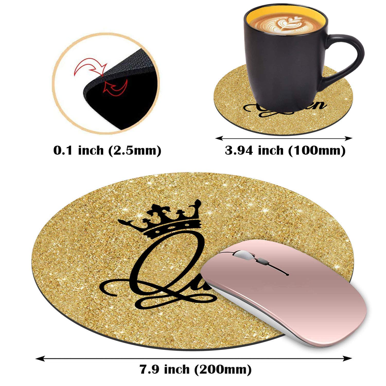 Gold Glitter Crown Queen Design Round Mouse Pad with Coasters Set - Non-Slip Rubber Base for Laptop & Computer - Perfect for Office, Gaming & Home Workspace Accessories