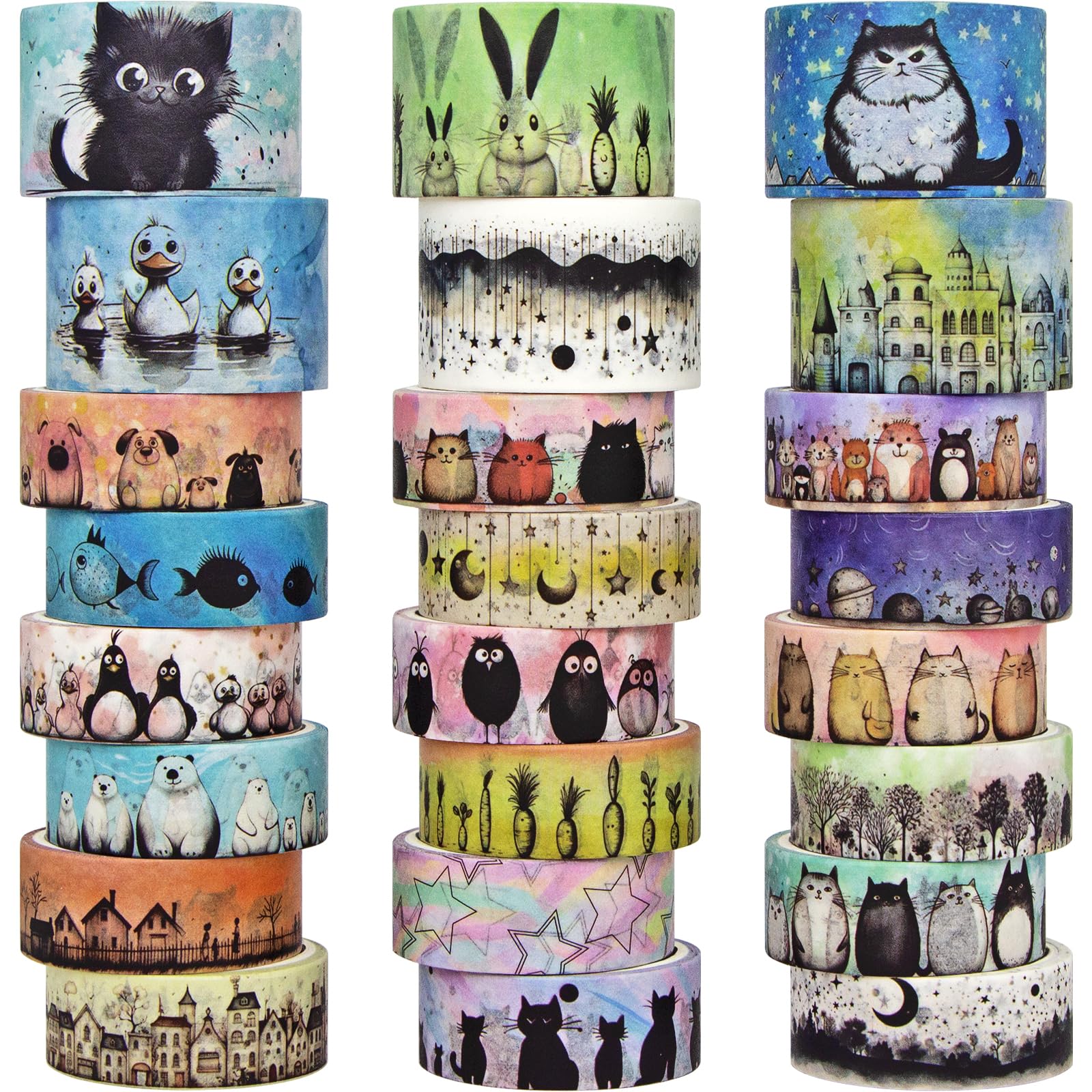 24 Rolls Kawaii Animal Washi Tape Set - Cute Decorative Tape for Scrapbooking, Bullet Journal, Junk Journal & Kids Crafts - Perfect for DIY Projects, Gift Wrapping & School Art Activities