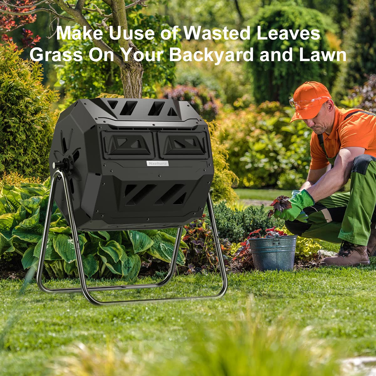 Dual Chamber 43 Gallon Compost Tumbler Bin with Free Pearson's Gardening Gloves - Efficient Outdoor Composting System for Organic Waste, Garden & Yard