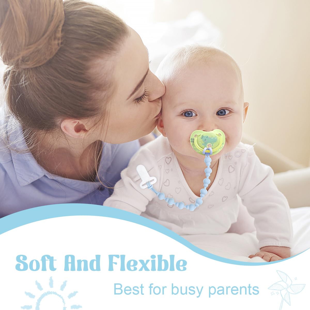 BEBOAN 2 Pack BPA Free Silicone Pacifier Clips for Babies - Soft Teething Necklace with Secure Clasp, Blue & Grey | Perfect for Soothing Teething Pain & Keeping Pacifiers Handy