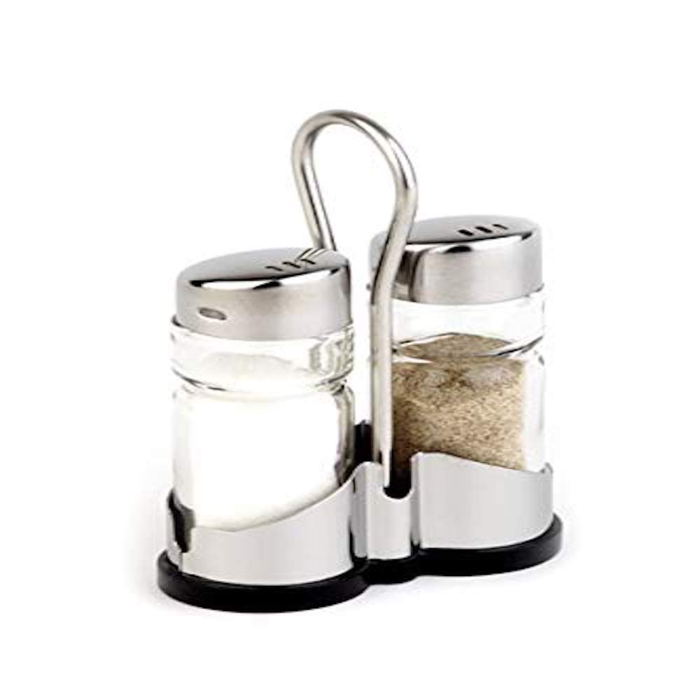 Premium Stainless Steel Salt and Pepper Shaker Set with Wooden Stand - Elegant Dining Table Condiment Dispenser for Home, Restaurant, and Kitchen Use