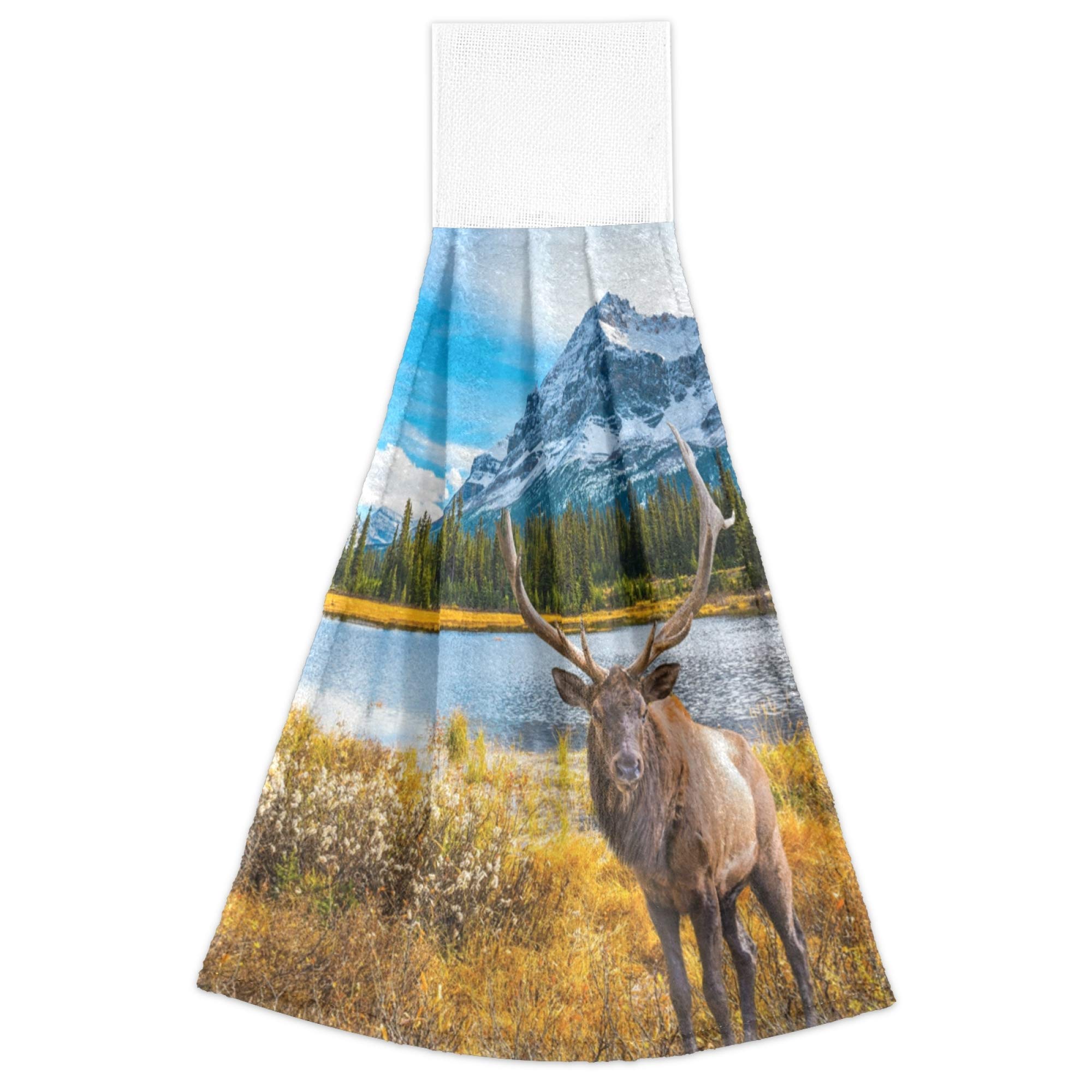Premium Absorbent Red Deer Bull Elk Moose Autumn Forest Kitchen Hand Towels Set of 2 - Hanging Bath Towels with Hook & Loop for Kitchen, Bathroom & Cabin Decor - Perfect for Rustic Cabins, Hunting Lodges & Outdoor Enthusiasts
