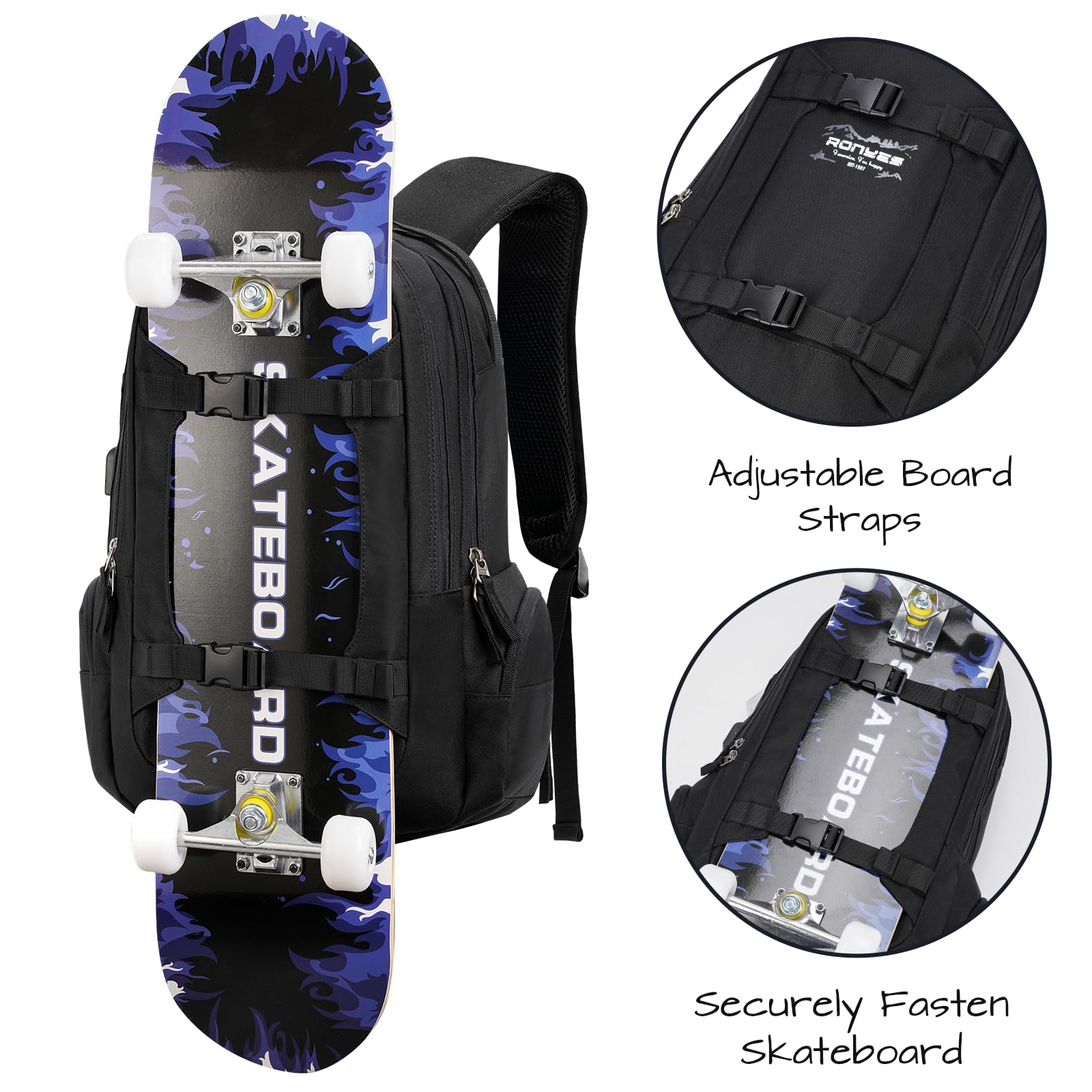 Ronyes Skateboard Backpack with USB Charging Port - 17.3 Inch Laptop Backpack for Skateboarding, Basketball & Travel | Durable Sports Bag for Longboards & Daily Commute | Perfect for School, Gym & Outdoor Adventures (Black)