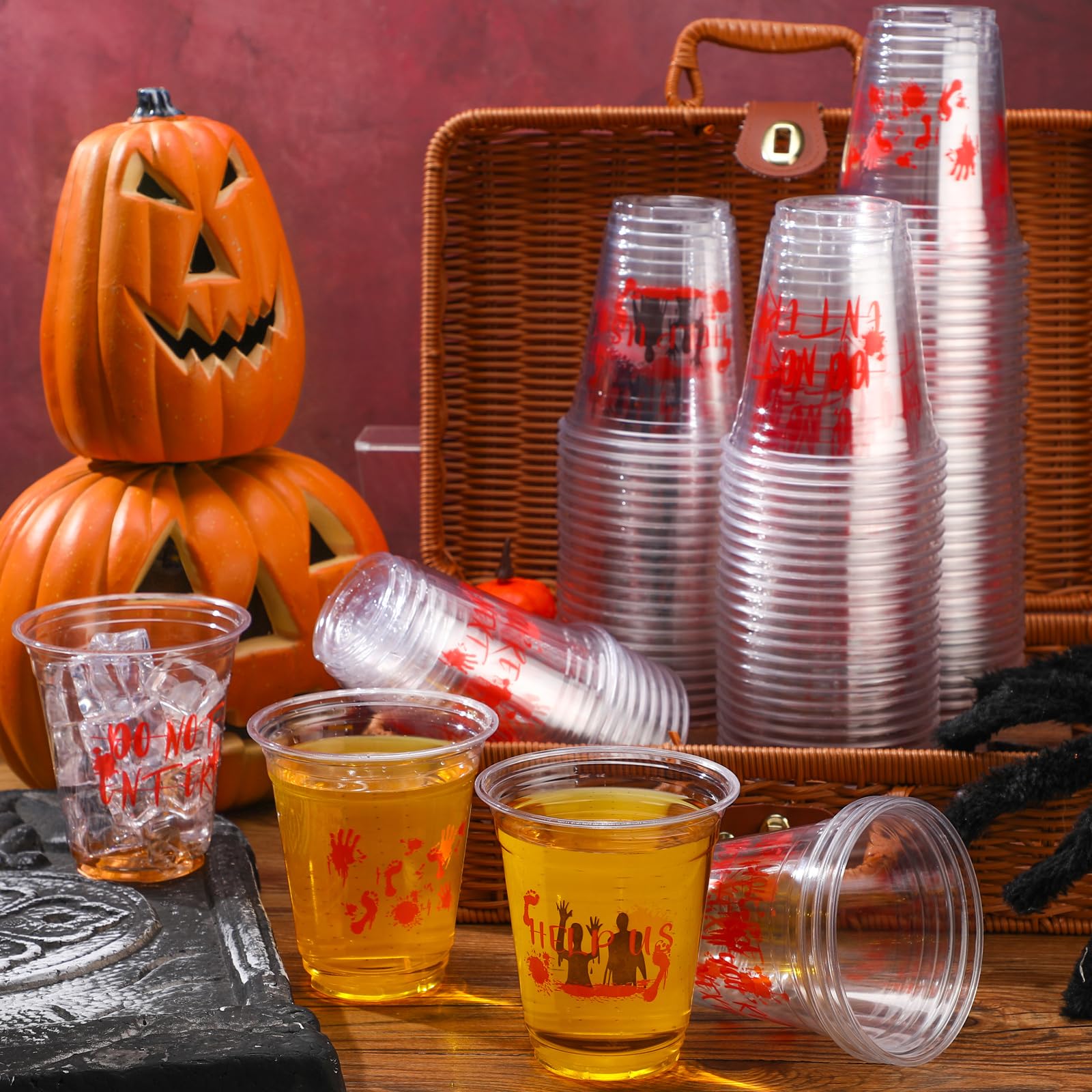 **Dandat 100 Pcs Halloween Plastic Cups Bulk - 12 oz Clear Disposable Party Cups for Coffee, Juice & Beverages - Pumpkin, Witch & Ghost Blood Print - Perfect for Halloween Parties, Trick or Treat, and Spooky Decorations**