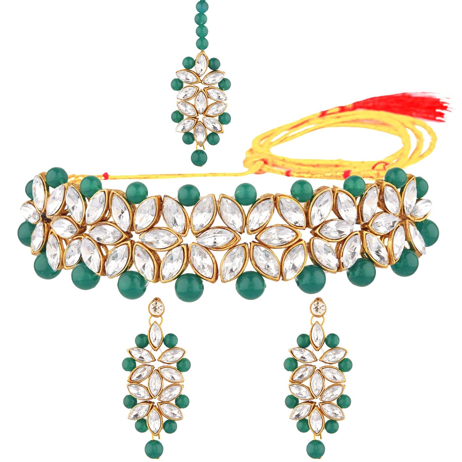 Elegant Indian Jewelry Set for Women - Crystal Choker, Faux Pearl Floral Necklace, Earrings & Maang Tikka | Bollywood Inspired Bridal Jewelry for Weddings, Parties & Special Occasions