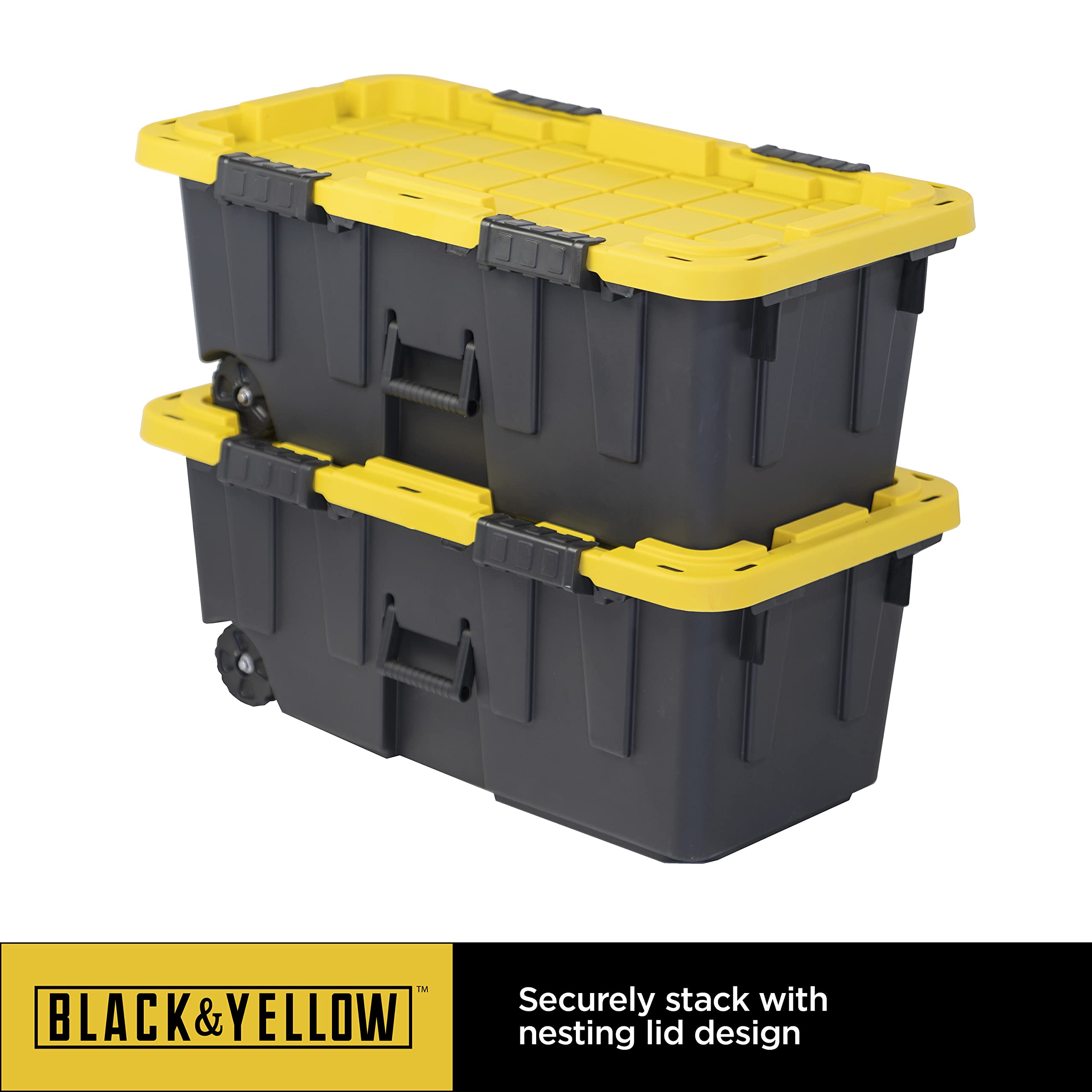 CX BLACK & YELLOW® 20-Gallon Heavy Duty Storage Footlocker with Snap-Tight Lid - 13.4”H x 18.2”W x 32.3”D Weatherproof Stackable Tote Bin - Ideal for Garage Organization, Camping Gear Storage & Military Footlocker Use [4-Pack]