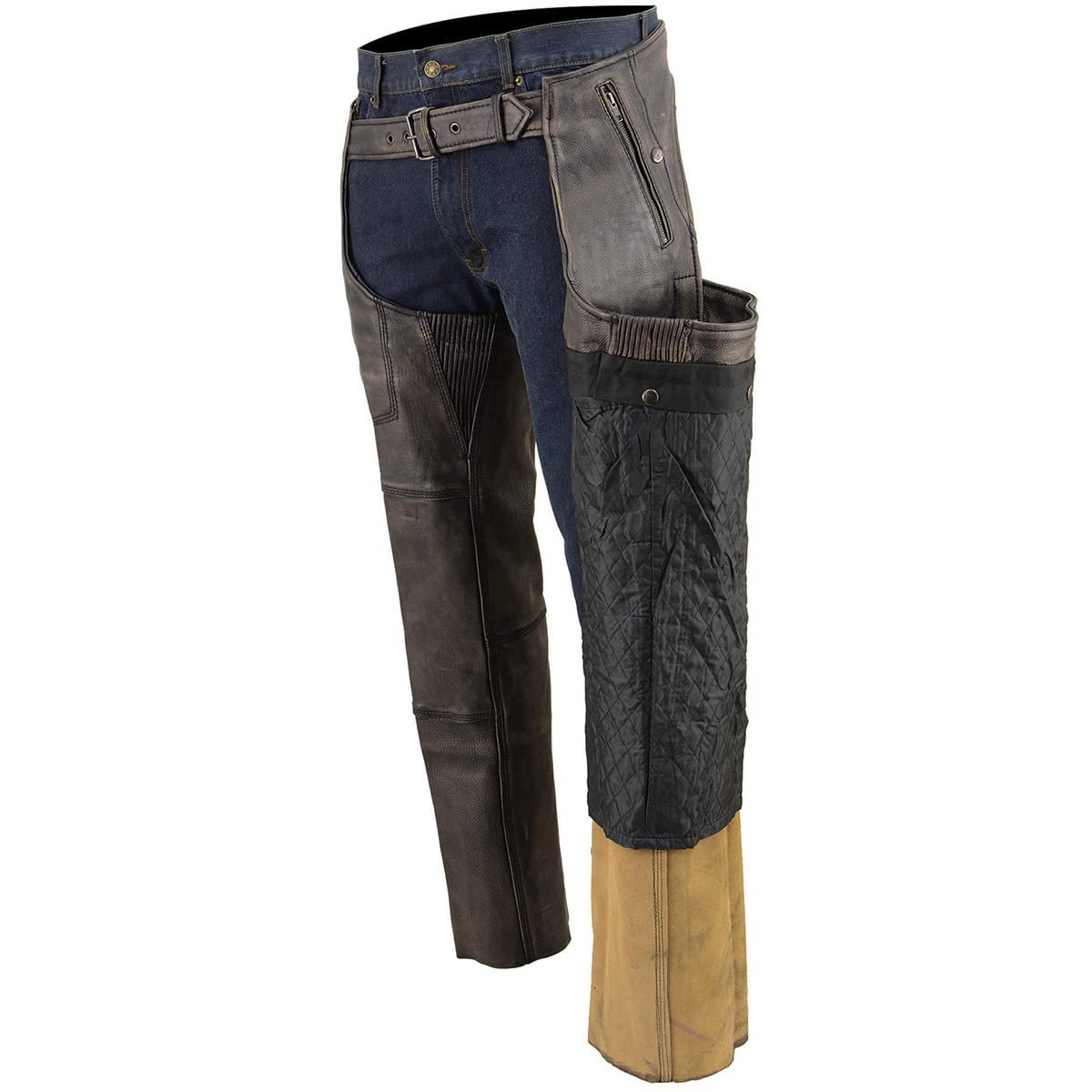 Milwaukee MLM5500 Men's Distressed Brown Leather Motorcycle Chaps - Thermal Lined, 4 Snap Pockets, Cold Weather Riding Gear for Harley, Cruiser & Adventure Bikes
