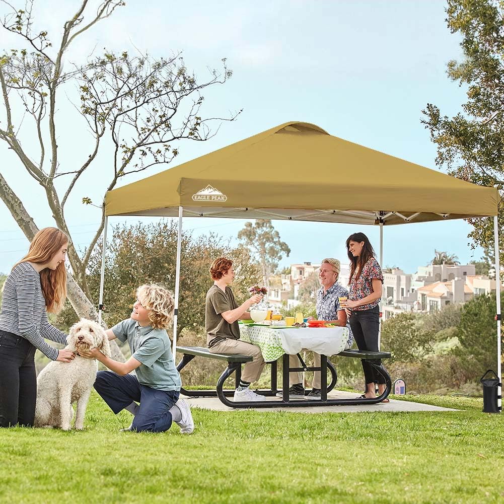 EAGLE PEAK 10x10 ft Pop Up Canopy Tent with Wheeled Carry Bag - Portable Instant Shelter for Outdoor Events, Beach, Camping & Backyard - Includes 8 Stakes, 4 Ropes & 4 Weight Bags - Easy Setup 100sqft Shade Canopy (Beige)