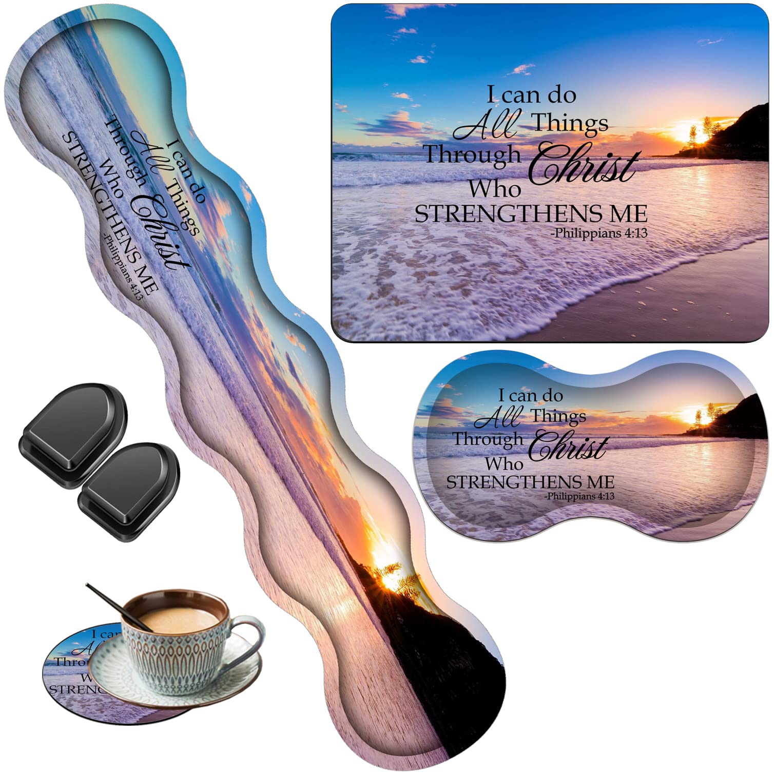 Ergonomic Keyboard & Mouse Wrist Rest Pad Set with Anti-Slip Mouse Pad & Coaster - Comfortable Wrist Support for Pain Relief - Perfect for Home, Office & Gaming Workstations - Bible Verse Philippians 4:13 Design