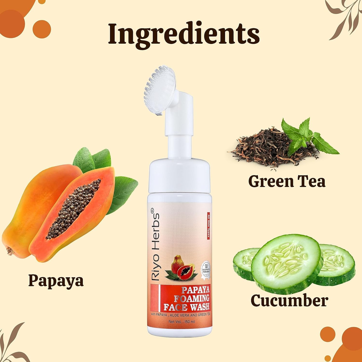 Riyo Herbs Papaya Foaming Face Wash 150ml with Silicone Cleanser Brush - Deep Cleansing for Dark Spots & Pigmentation | Gentle Exfoliation for Acne-Prone & Sensitive Skin | Perfect for Morning & Night Skincare Routine