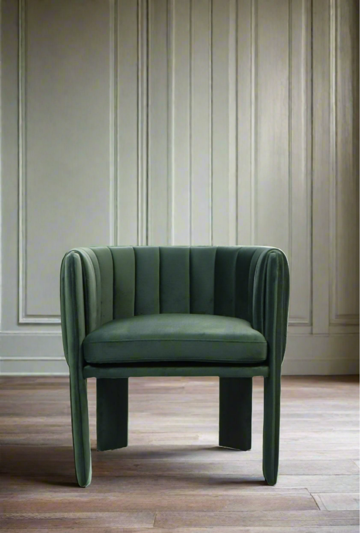 Olivia Channel Tufted Armchair - Green Velvet Barrel Chair for Living Room, Bedroom & Office - Mid-Century Modern Accent Chair with Comfortable Cushioning