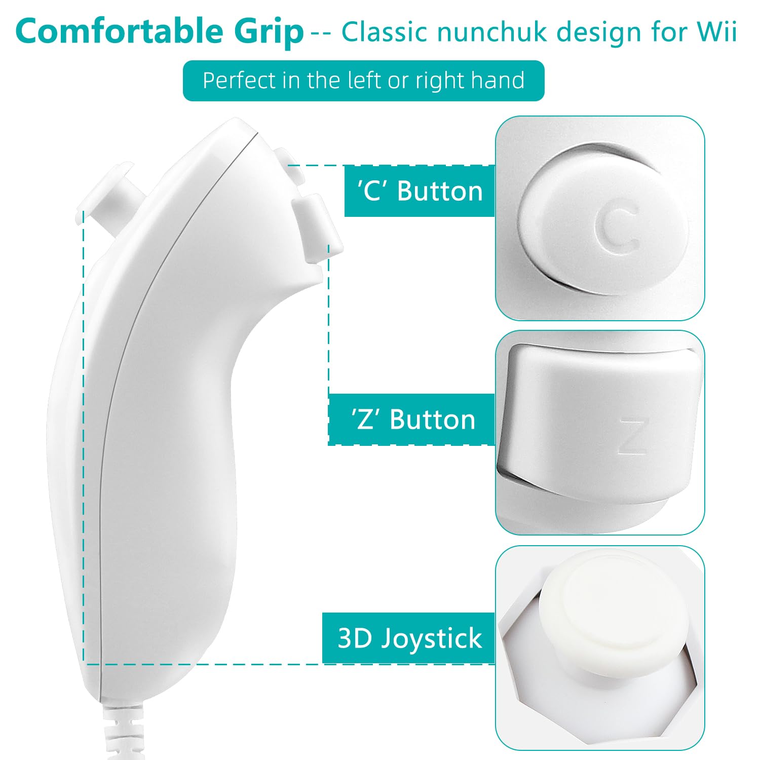 OSTENT Motion-Based Wired Nunchuk Controller for Nintendo Wii - White | Compatible with Wii Sports, Mario Kart & Family Gaming Sessions