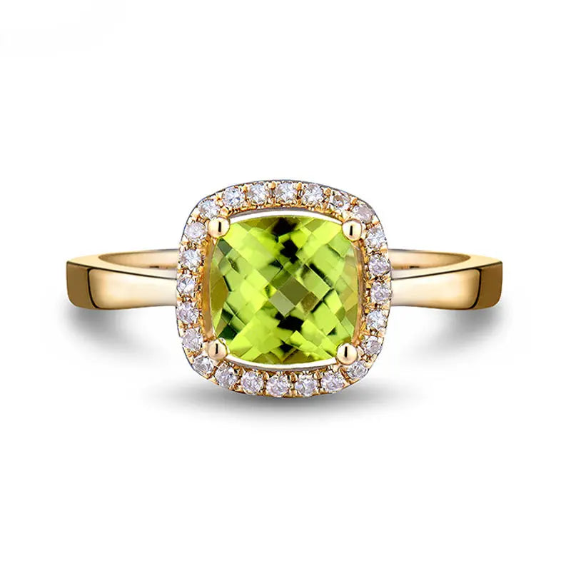 14K Yellow Gold Cushion Cut Peridot Engagement Ring with Natural Diamond Accents 6x6mm - Perfect for Proposals, Anniversaries & Special Occasions