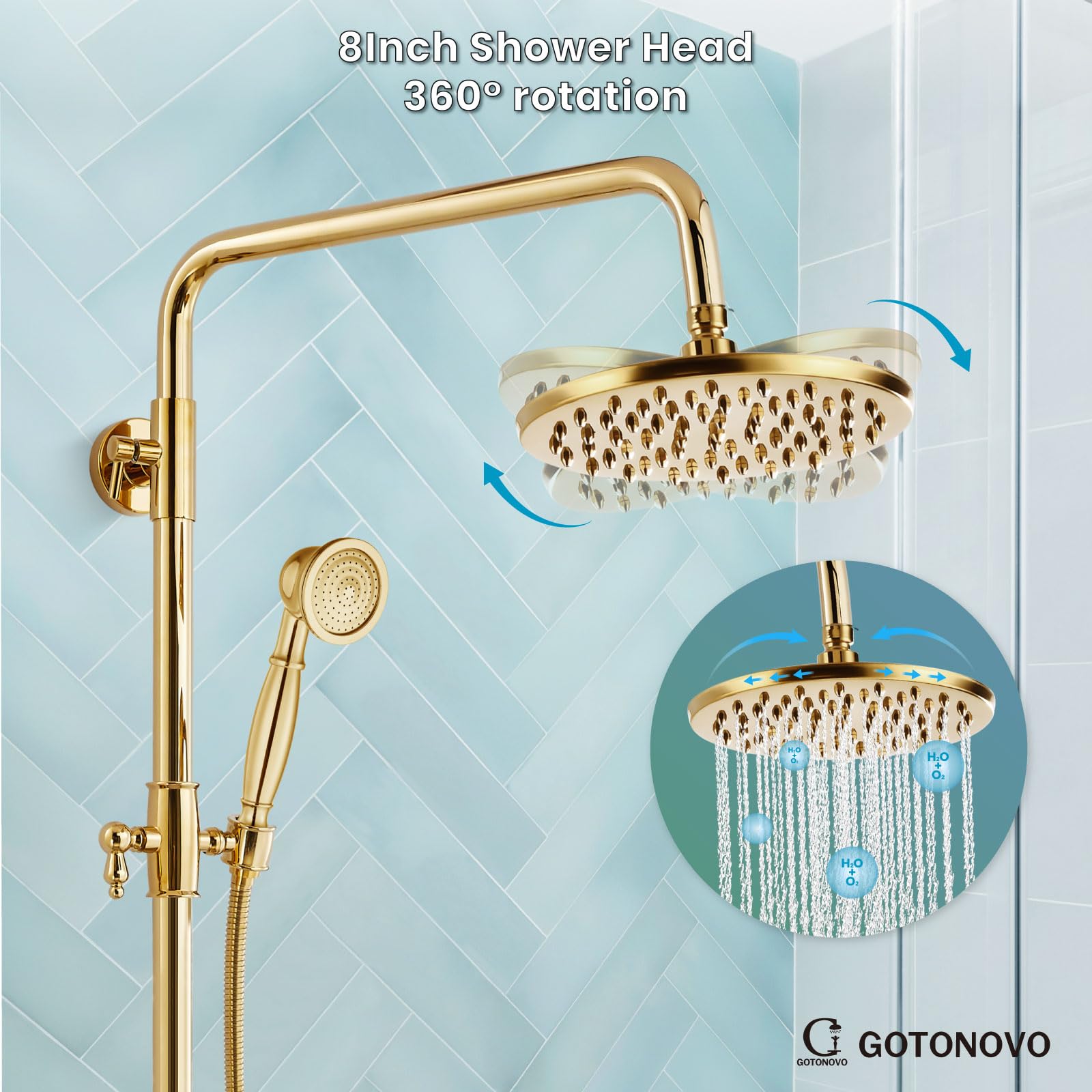Gotonovo 8 Inch Exposed Shower Faucet Set with Rainfall Showerhead - 3-Function Shower System with Tub Spout & Cross Handles in Polish Gold - Perfect for Bathroom Renovation & Luxury Spa Experience