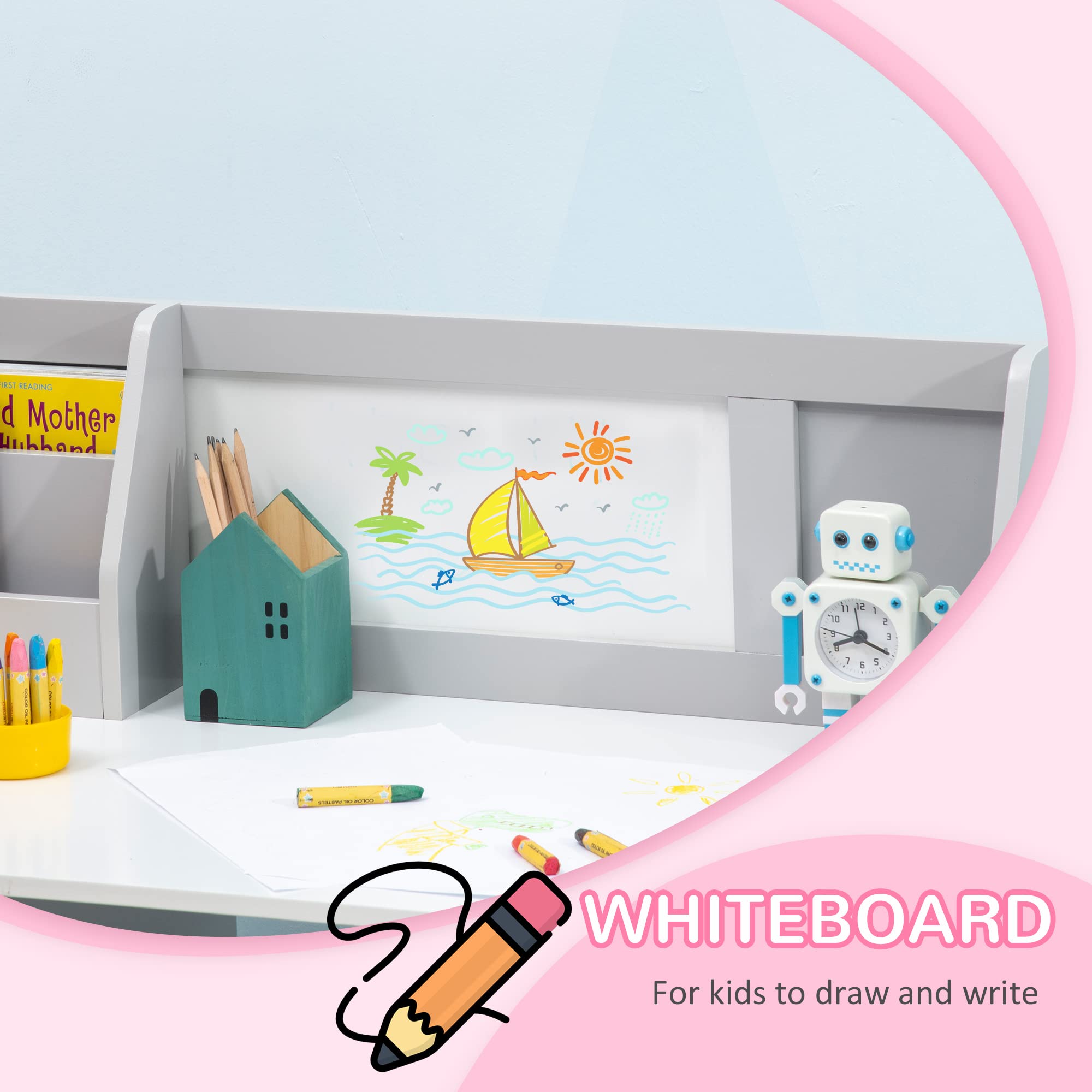 Qaba Kids Study Desk and Chair Set with Whiteboard, 2-Piece Adjustable Children's Table & Chair with Storage Shelves - Perfect for Homework, Art, Computer Work & Small Spaces (Grey)