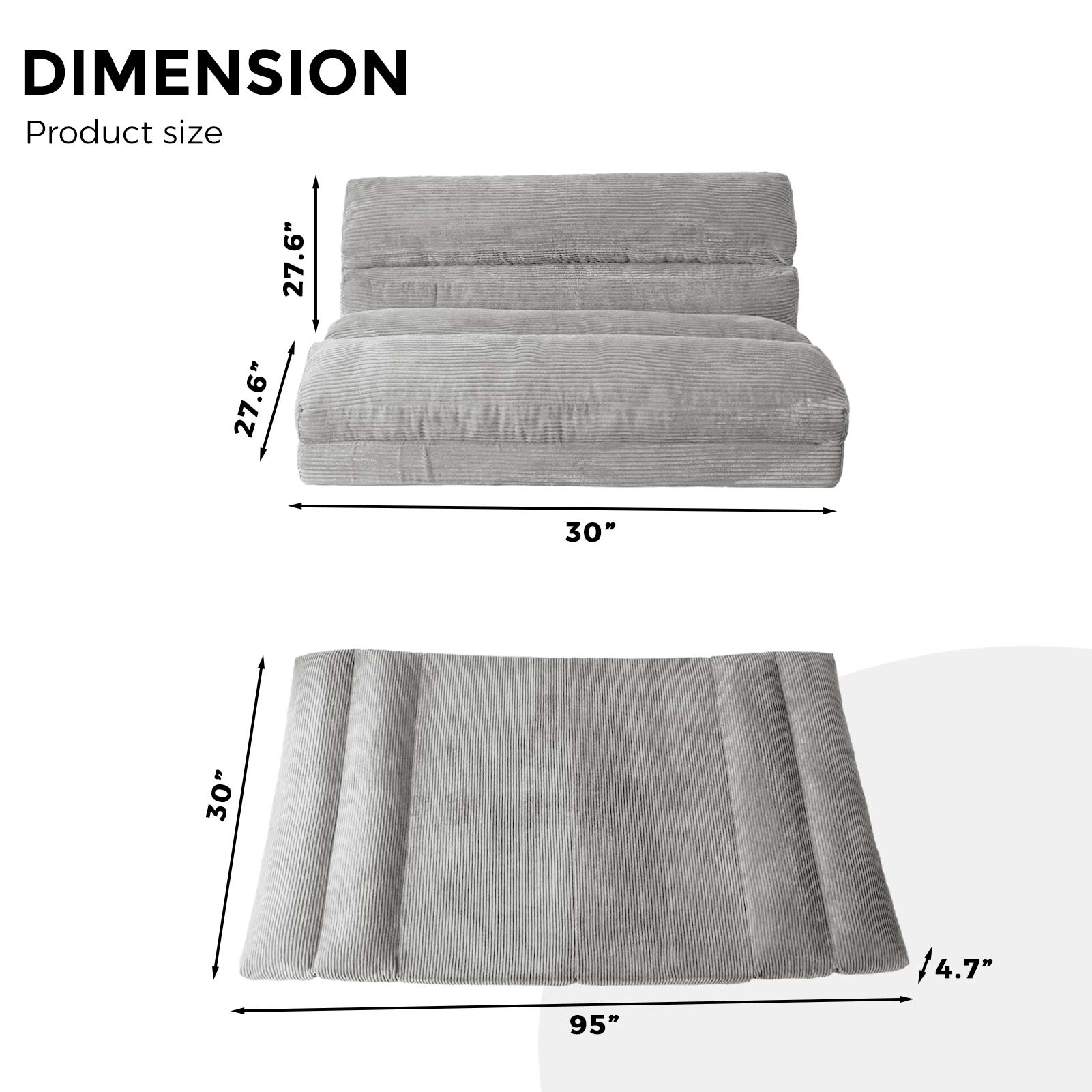 MAXYOYO Folding Sofa Bed - Corduroy Convertible Floor Mattress for Small Spaces, Light Gray | Perfect for Guest Rooms, Apartments & Studio Living