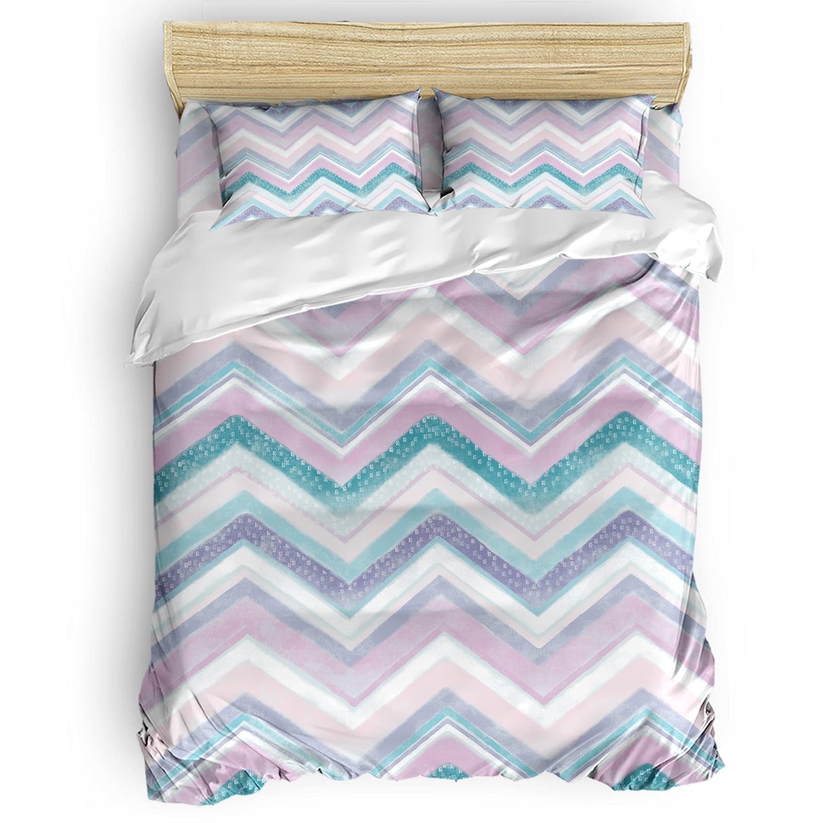 Findamy Geometric Duvet Cover Set Full Size 4 Pieces - Soft Microfiber Lightweight Comforter Cover with Zipper Closure, Breathable Bedding Quilt Set in Wavy Stripes (Purple, Pink, Blue) for Modern Bedroom Decor, Guest Room & Dorm Essentials