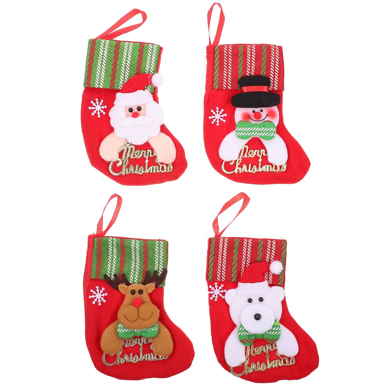 Totority 4-Piece Mini Christmas Stocking Set - 3D Santa, Snowman, Reindeer & Bear Design Gift Bags for Candy, Silverware & Small Treats - Perfect for Christmas Tree Decorations, Fireplace Mantel & Holiday Party Favors