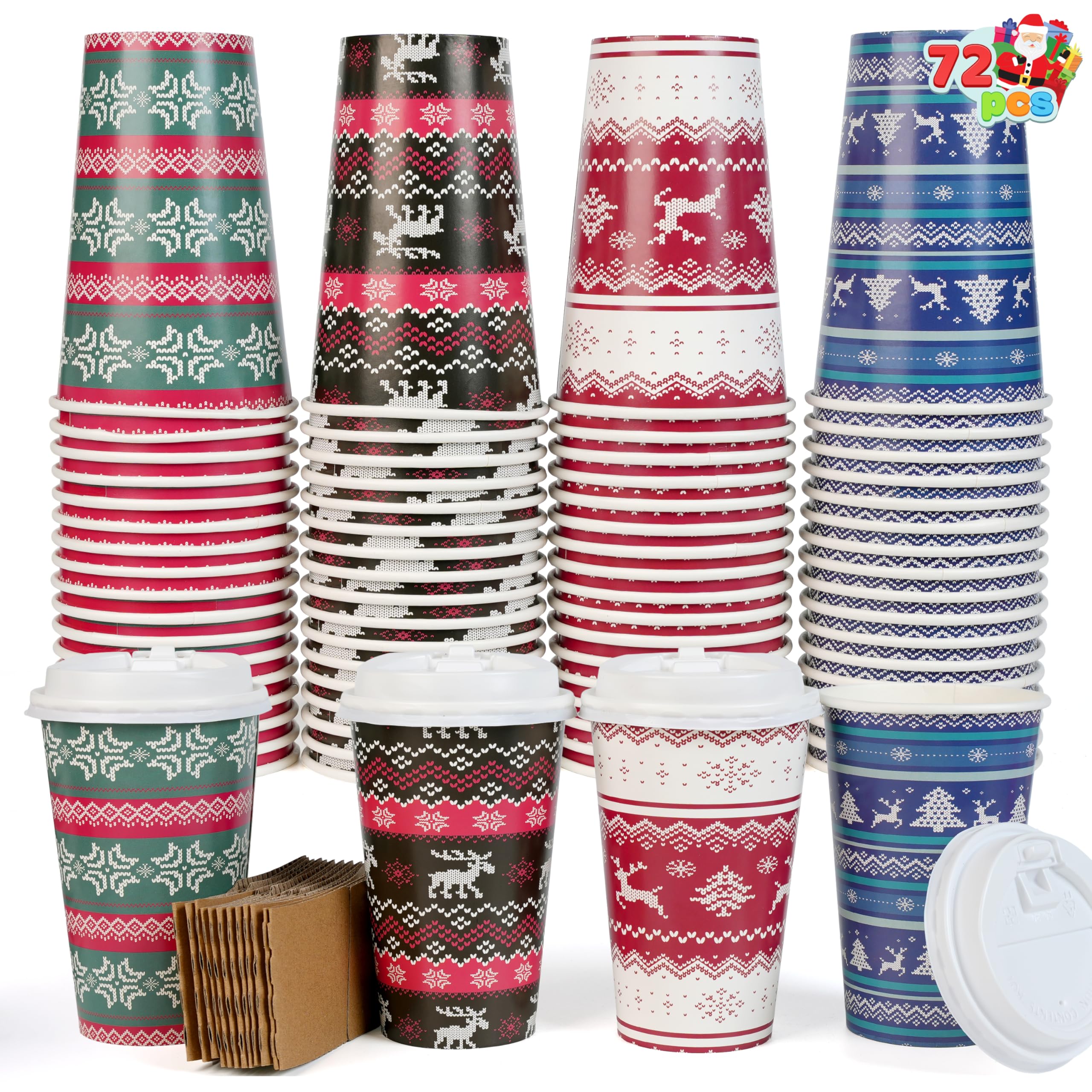 JOYIN 72-Pack Christmas Paper Cups with Sleeves & Lids - 16 oz Disposable Holiday Cups for Hot Chocolate, Coffee & Cold Drinks - 4 Festive Designs - Perfect for Christmas Parties, Office Celebrations & Family Gatherings