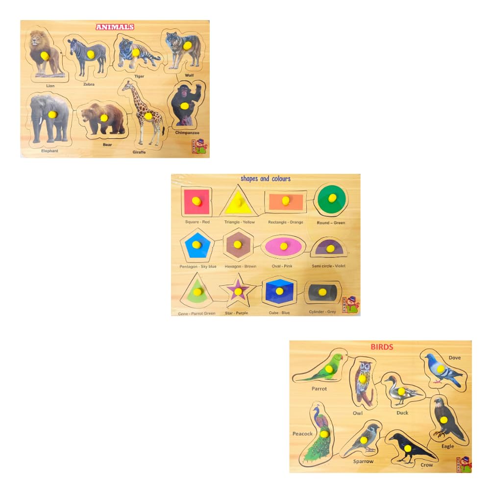 5-in-1 Wooden Learning Puzzle Set for Kids & Adults - Numbers, Animals, Shapes, Birds Educational Toys | Perfect for Early Childhood Development, Homeschooling, and Family Bonding Activities
