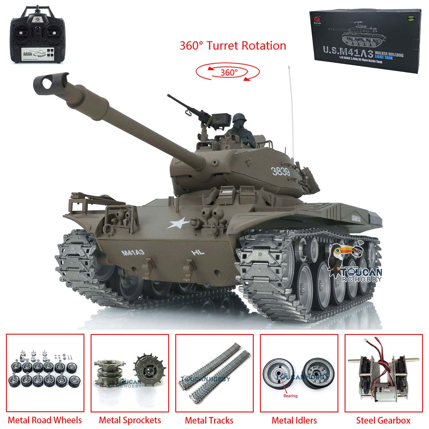 Henglong 1/16 Scale 7.0 Customized Walker Bulldog RTR RC Tank - US Stock Ready-to-Run Remote Controlled Military Model with Smoke Effect & 360° Rotation Full Metal Road Wheels for Collectors and Battle Simulation